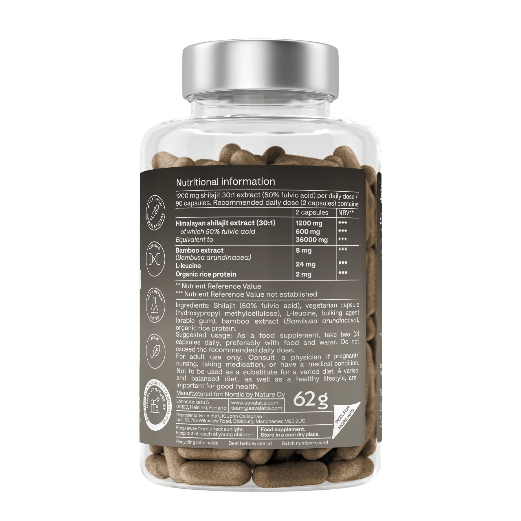 Rückseite einer Flasche mit braunen Kapseln. Etikett mit Nährwertangaben und Inhaltsstoffen.