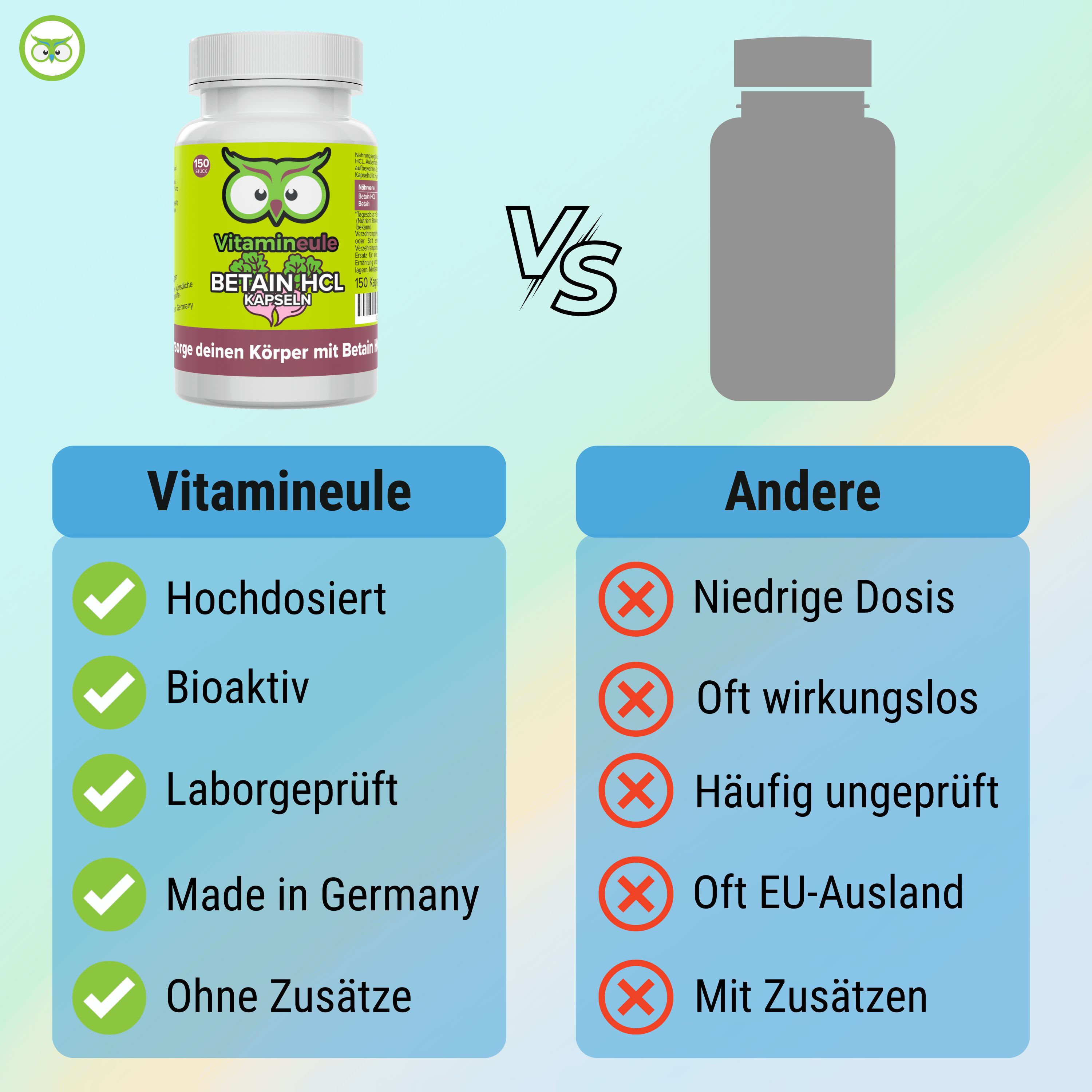 Vergleichstabelle: "Vitamineule" vs. Andere. Vorteile: Hochdosiert, bioaktiv, laborgeprüft, Made in Germany, ohne Zusätze.