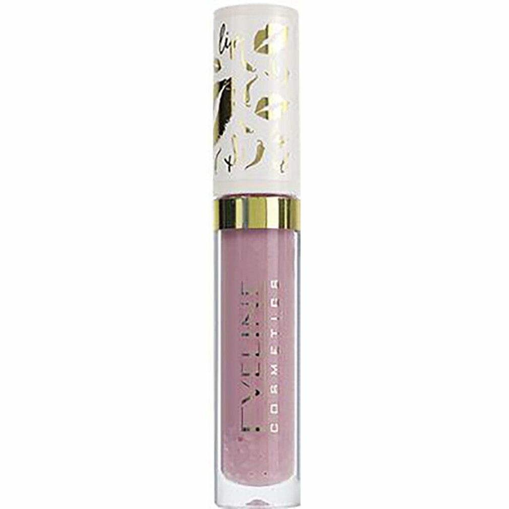Lipgloss von Eveline Cosmetics. Transparente Tube mit goldfarbenem Deckel. Produktname und Marke sind sichtbar.