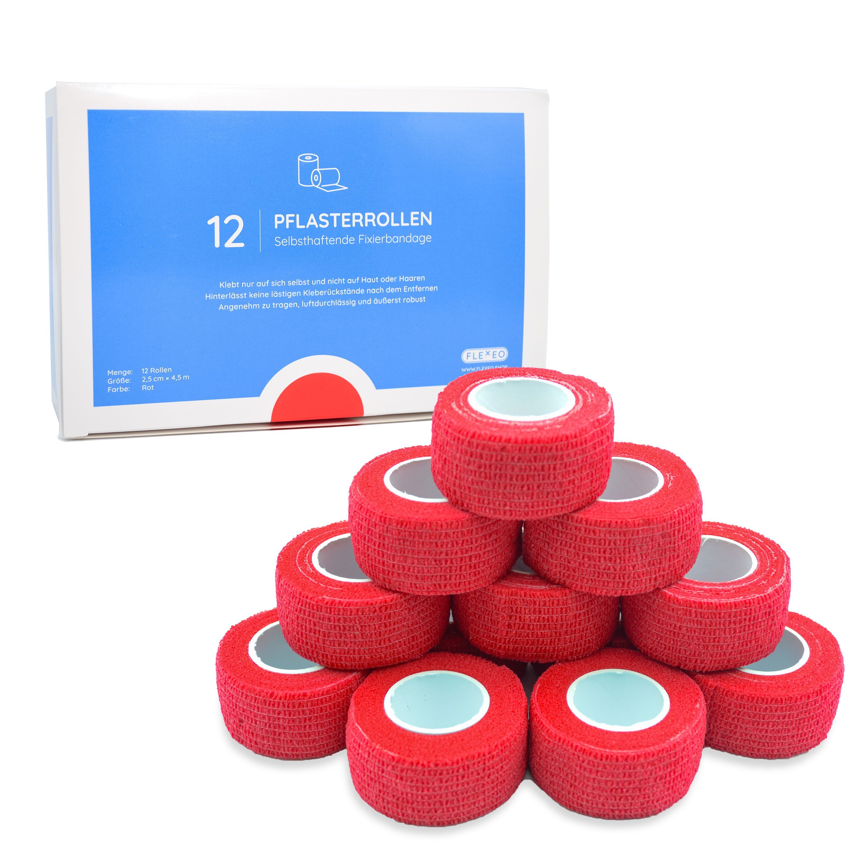 12 Pflasterrollen in roter Farbe. Verpackung mit blauer Vorderseite und weißem Hintergrund. Text: Pflasterrollen, selbsthaftende Fixierbinde.