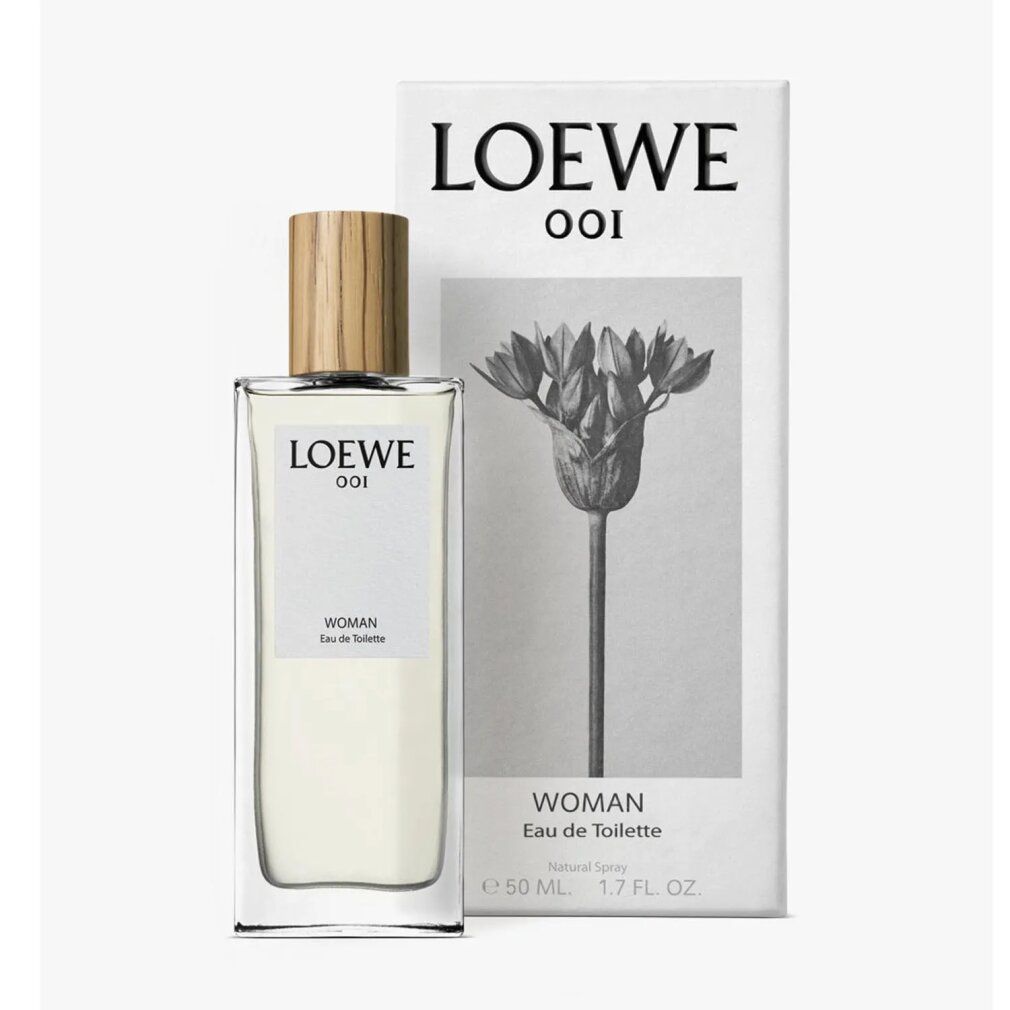 Flakon und Verpackung. Flakon mit Holzdeckel. Verpackung mit Blume und Aufschrift: LOEWE 001 WOMAN Eau de Toilette.