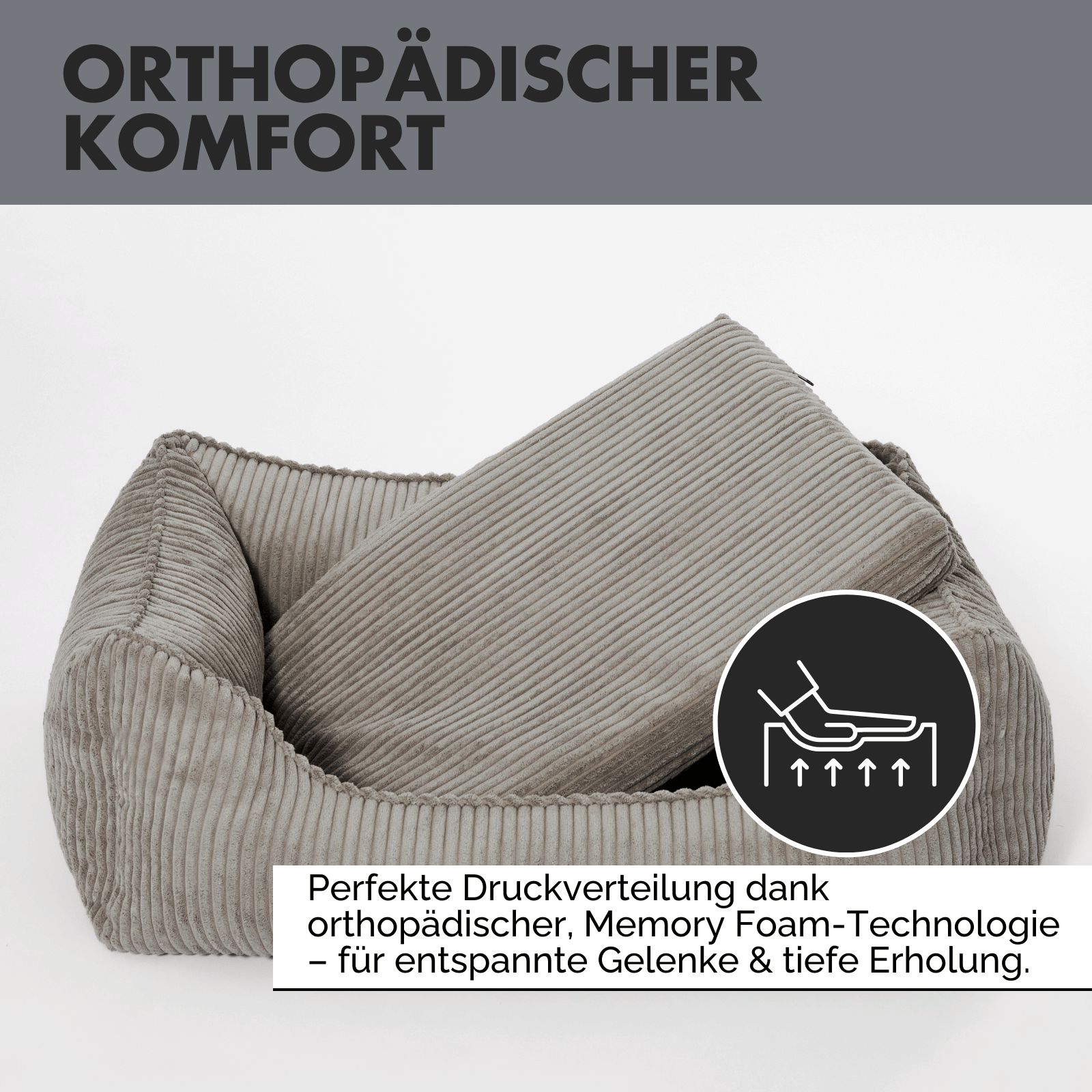 Graues Hundebett mit Cord-Optik. Orthopädisches Kissen im Bett. Text: Orthopädischer Komfort.