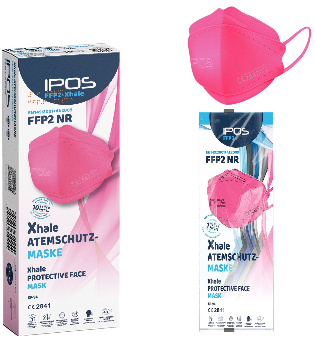 Rosa FFP2-Atemschutzmaske und Verpackung. Verpackung mit Produktabbildung und Text: IPOS, Xhale, FFP2 NR, 10 Stück.