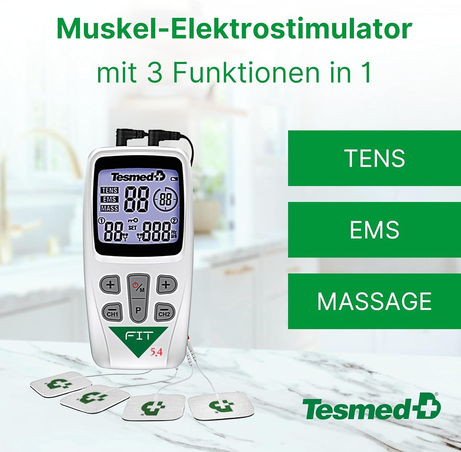 Fit 5.4 TENS/EMS: 3-in-1 Reizstromgerät, Schmerzlinderung, Training, Massage, inkl. 4 Elektroden