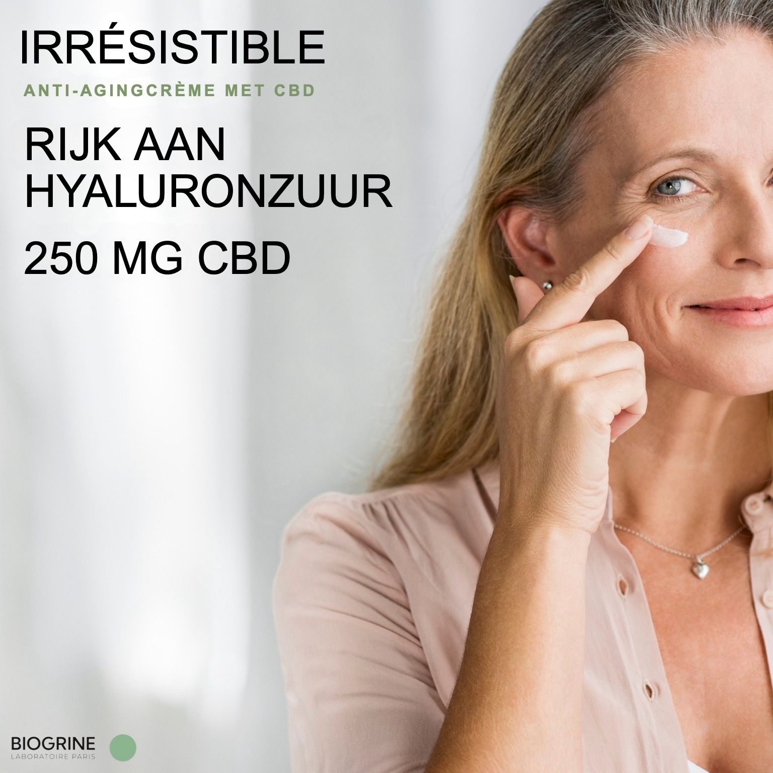 Vrouw brengt crème aan. Tekst: Rijk aan hyaluronzuur, 250 mg CBD. BIOGRINE logo.