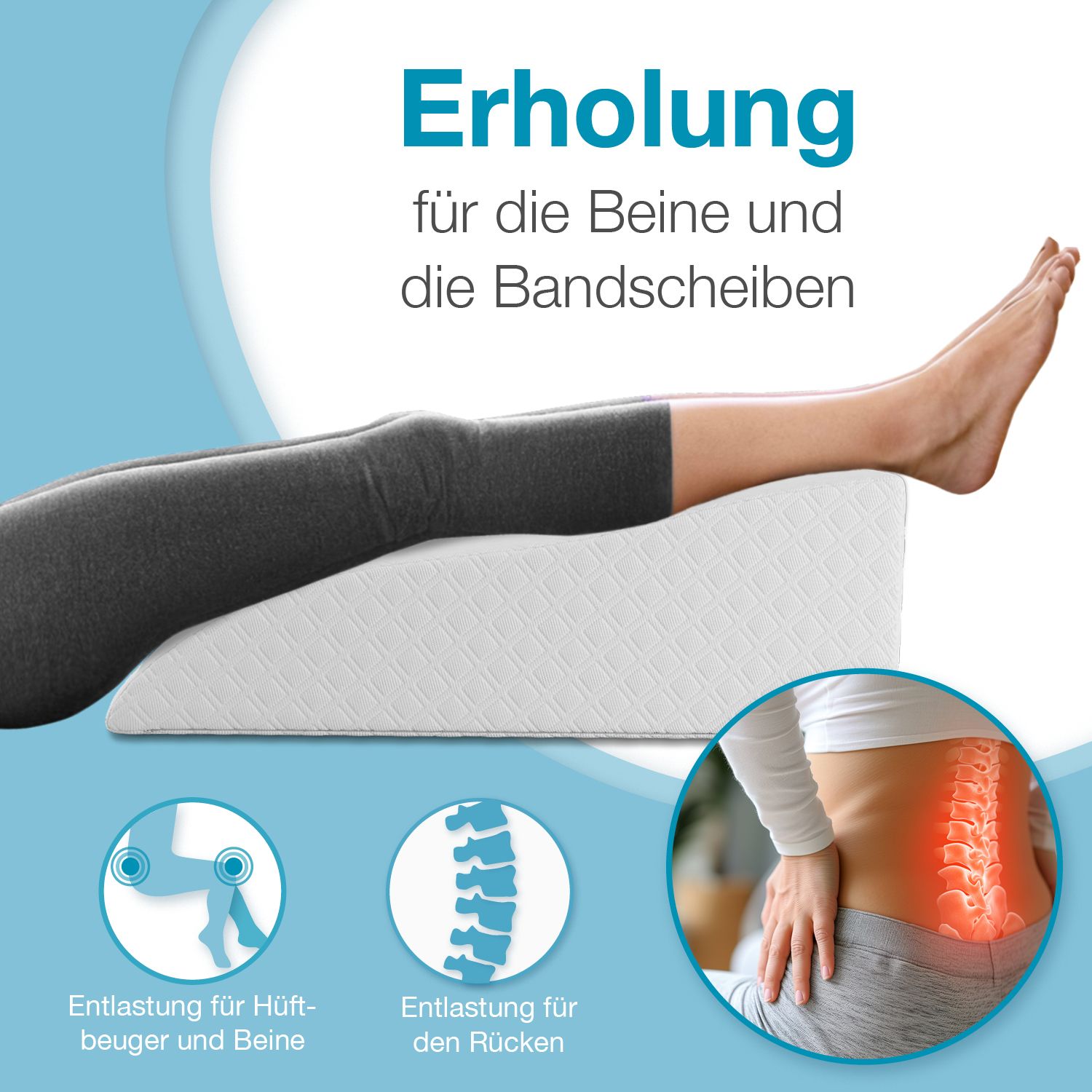 Beine auf weißem Kissen. Text: Erholung für die Beine und die Bandscheiben. Illustrationen.