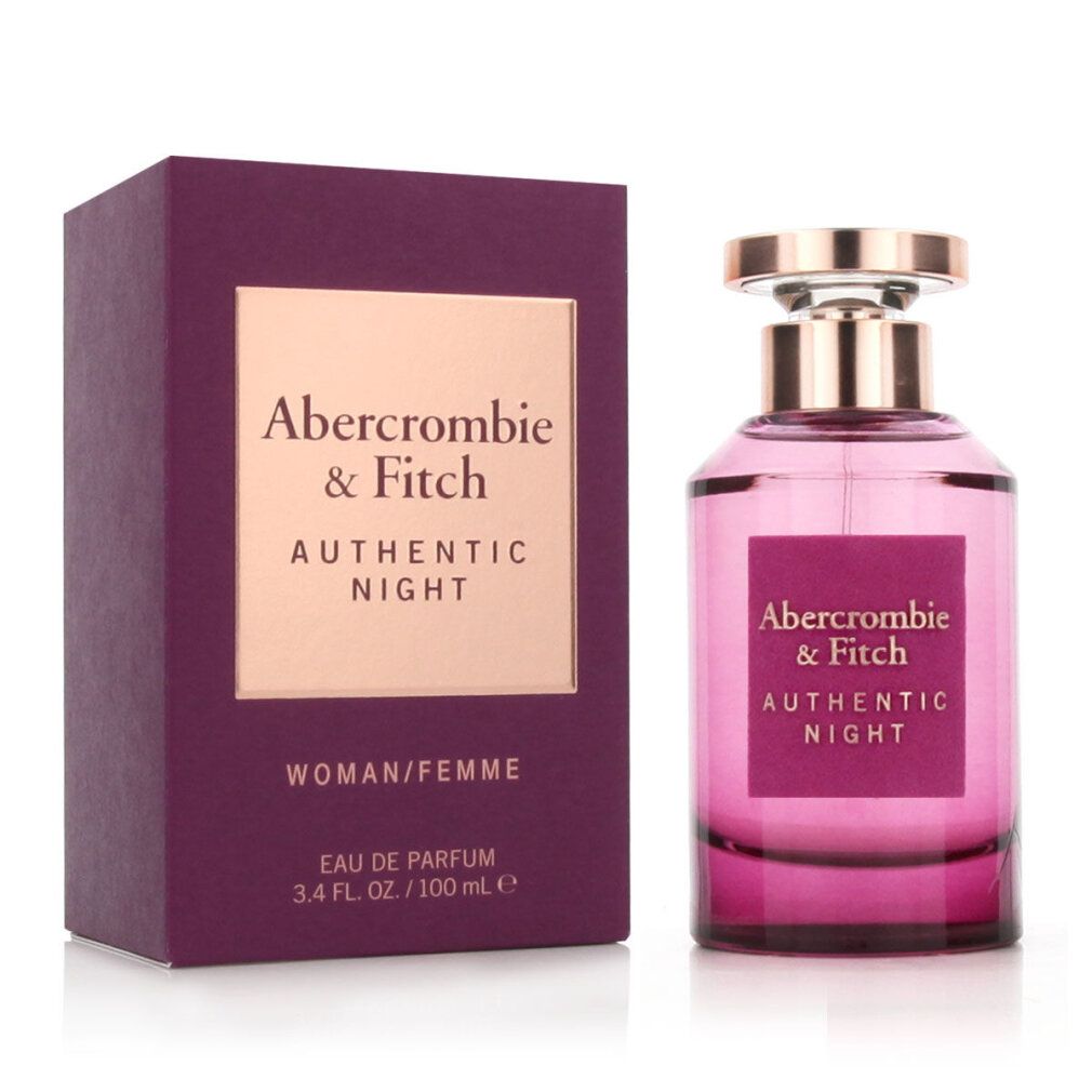 Flakon und Schachtel von Abercrombie & Fitch Authentic Night. Lila Flakon mit goldfarbenem Verschluss. Schachtel mit Logo und Text.