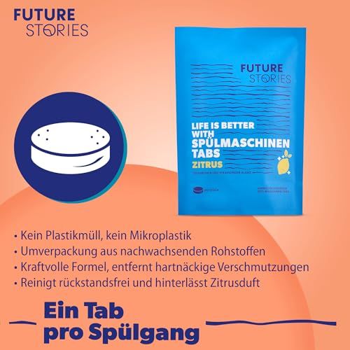 Blaue Verpackung mit Spülmaschinentabs. Text: Life is better with Spülmaschinen Tabs ZITRUS. Ein Tab pro Spülgang.