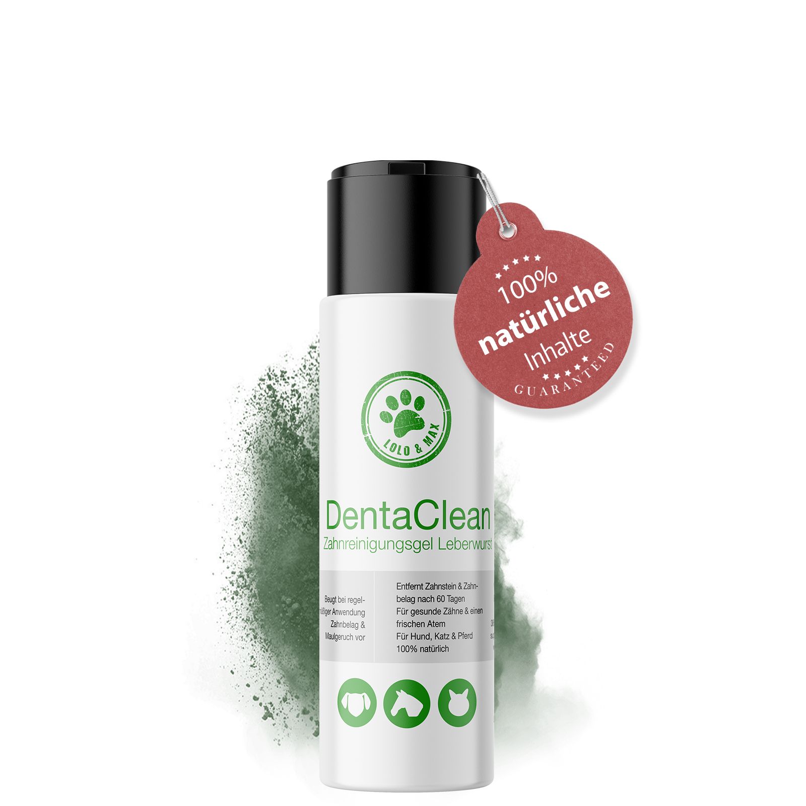 Weiße Flasche mit schwarzem Deckel und rotem Anhänger. Aufschrift: DentaClean Zahnreinigungs-Gel Leberwurst. Grünes Logo mit Pfote. 100% natürliche Inhaltsstoffe.
