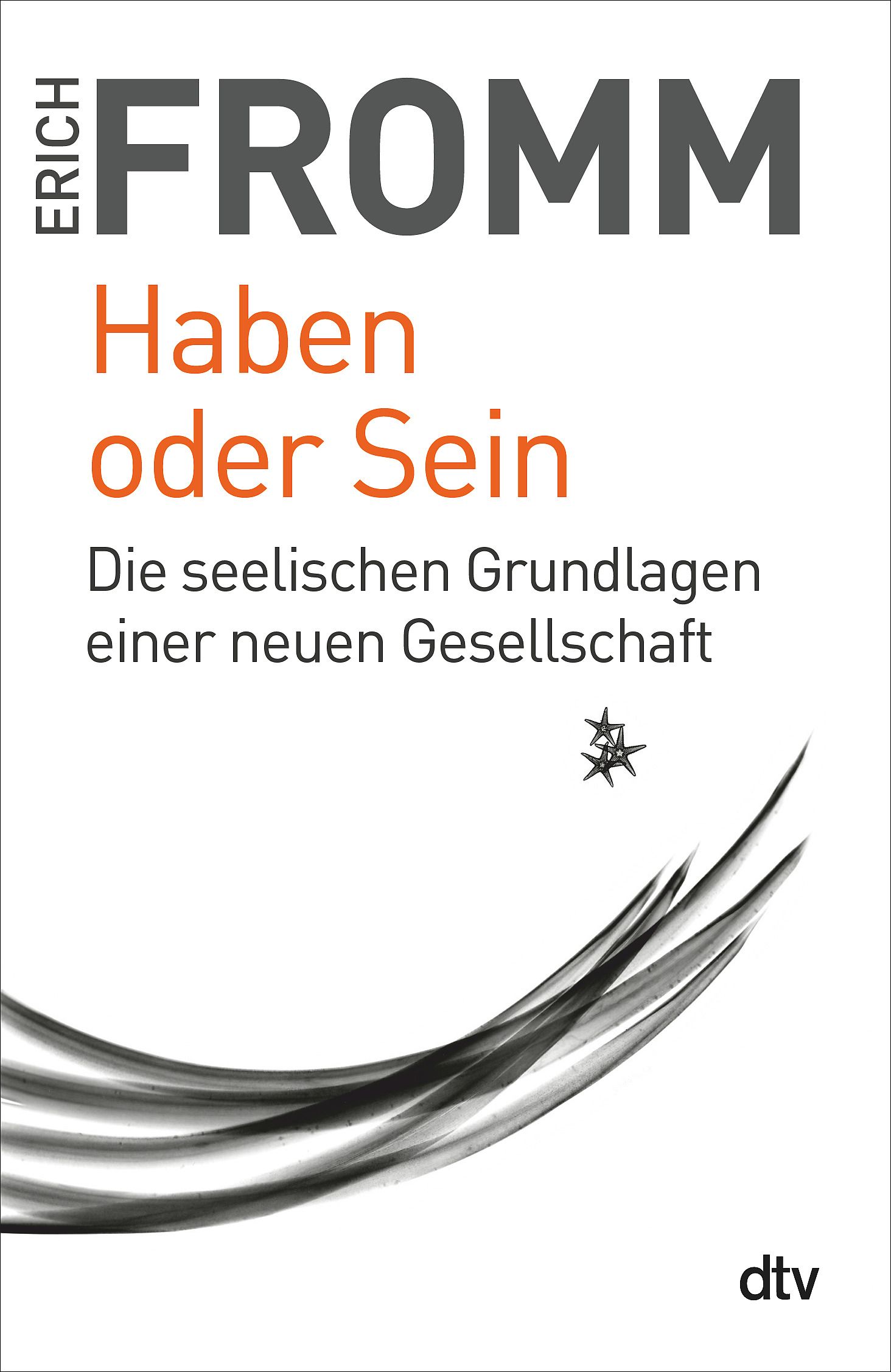 Buchcover von Erich Fromm, "Haben oder Sein". Titel in Orange, Autor in Grau. Schwarze, geschwungene Linien unten. Verlag dtv.