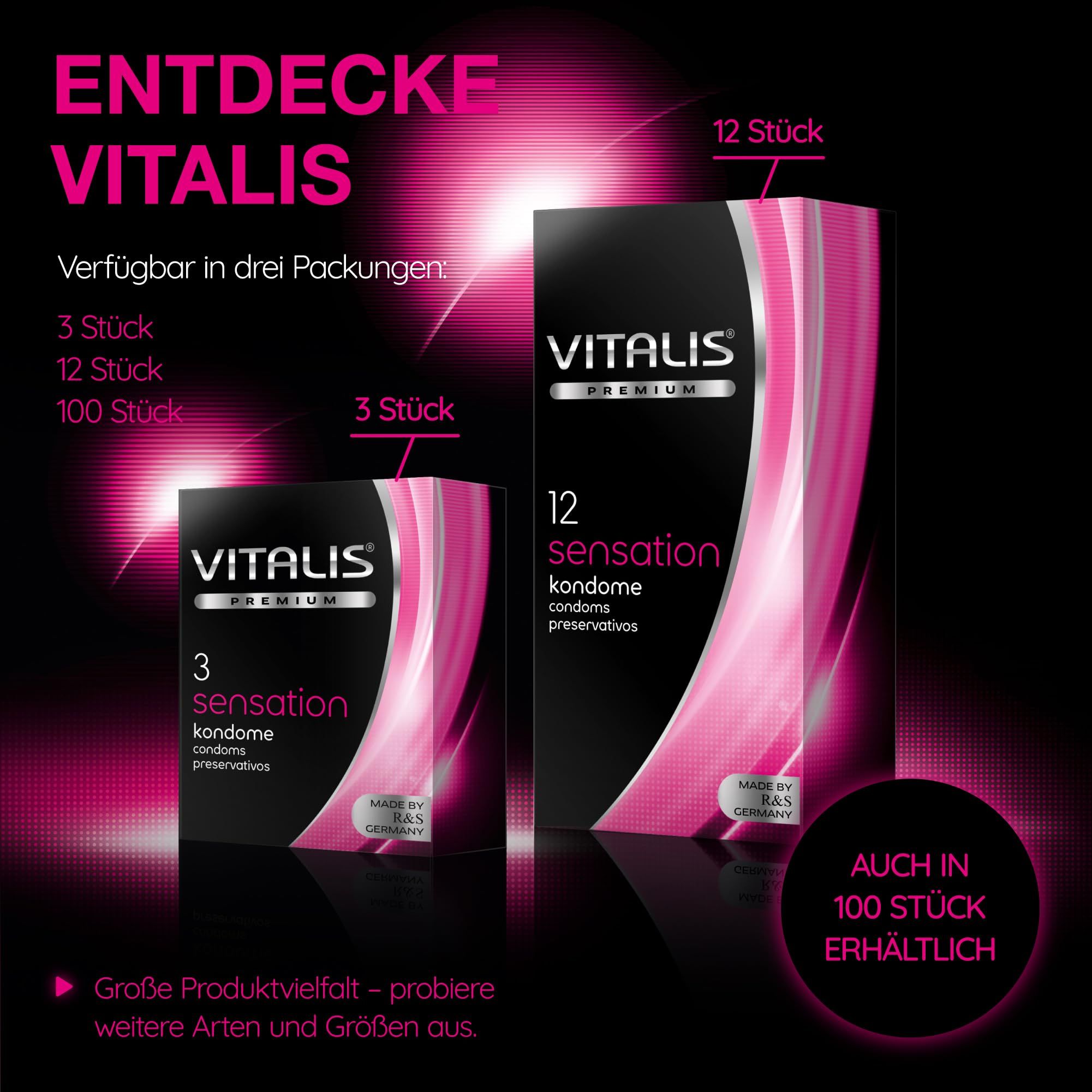 Vitalis Kondome: Erhältlich in 3, 12 und 100 Stück Packungen. Sensation 53mm.