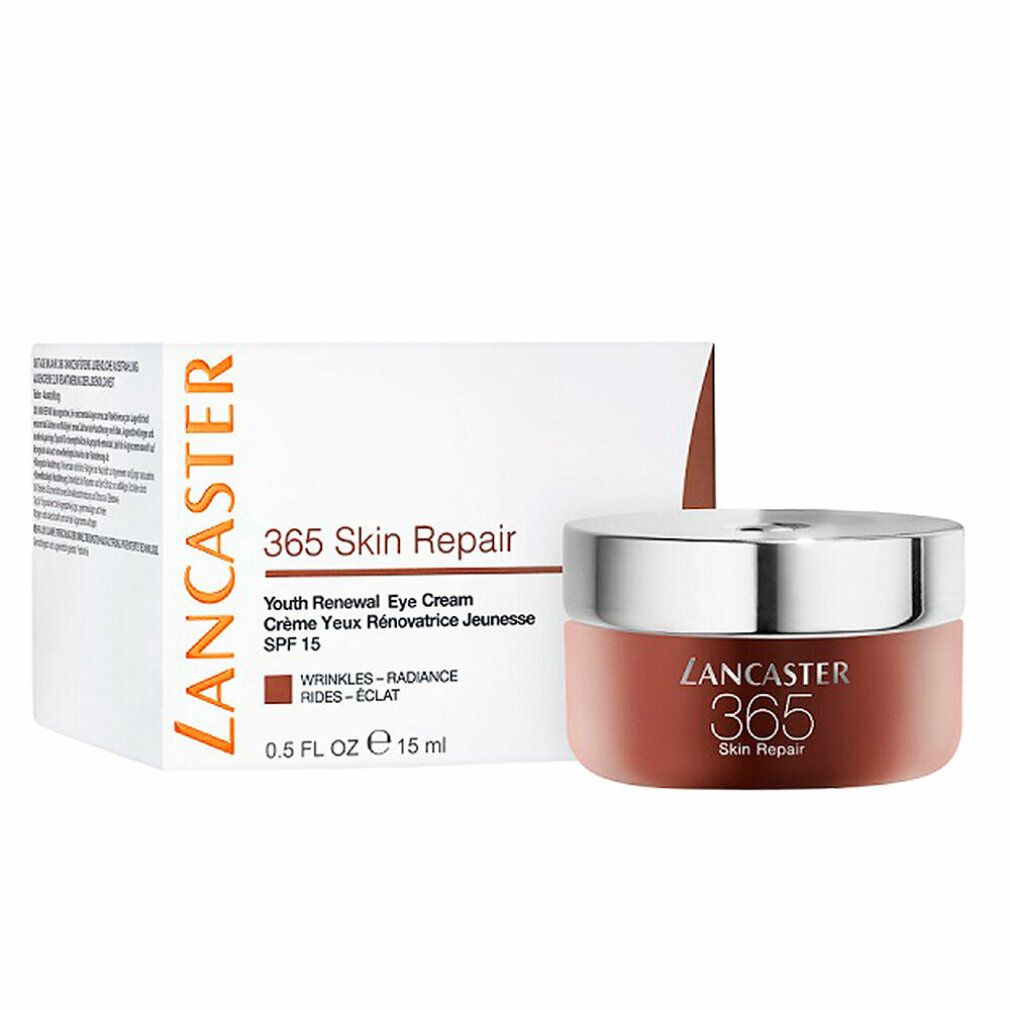 Creme-Tiegel und Schachtel. Aufschrift: Lancaster 365 Skin Repair. Text: Youth Renewal Eye Cream, SPF 15. Inhalt: 15 ml.