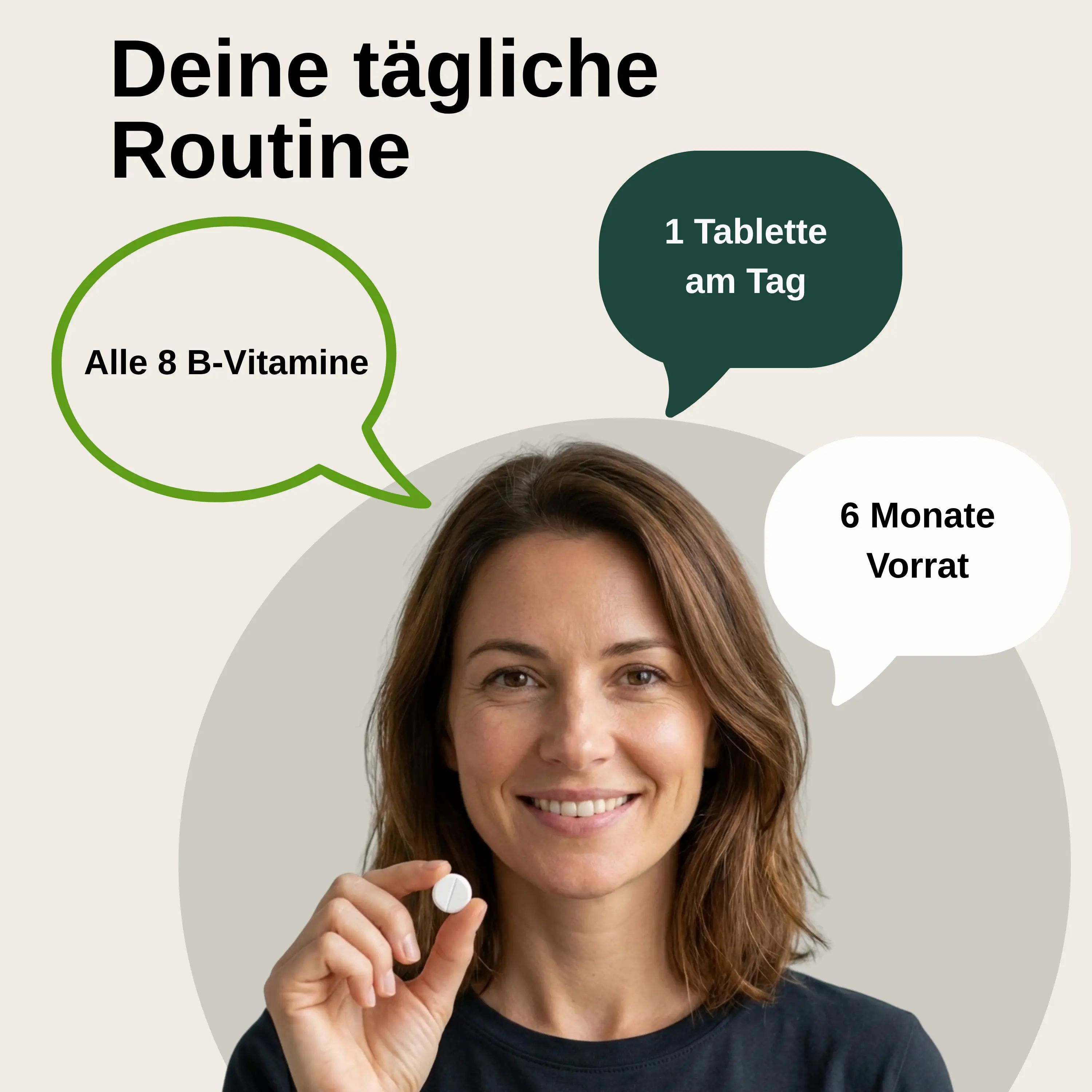 Frau hält eine Tablette, zeigt die tägliche Routine mit allen 8 B-Vitaminen für 6 Monate Vorrat.