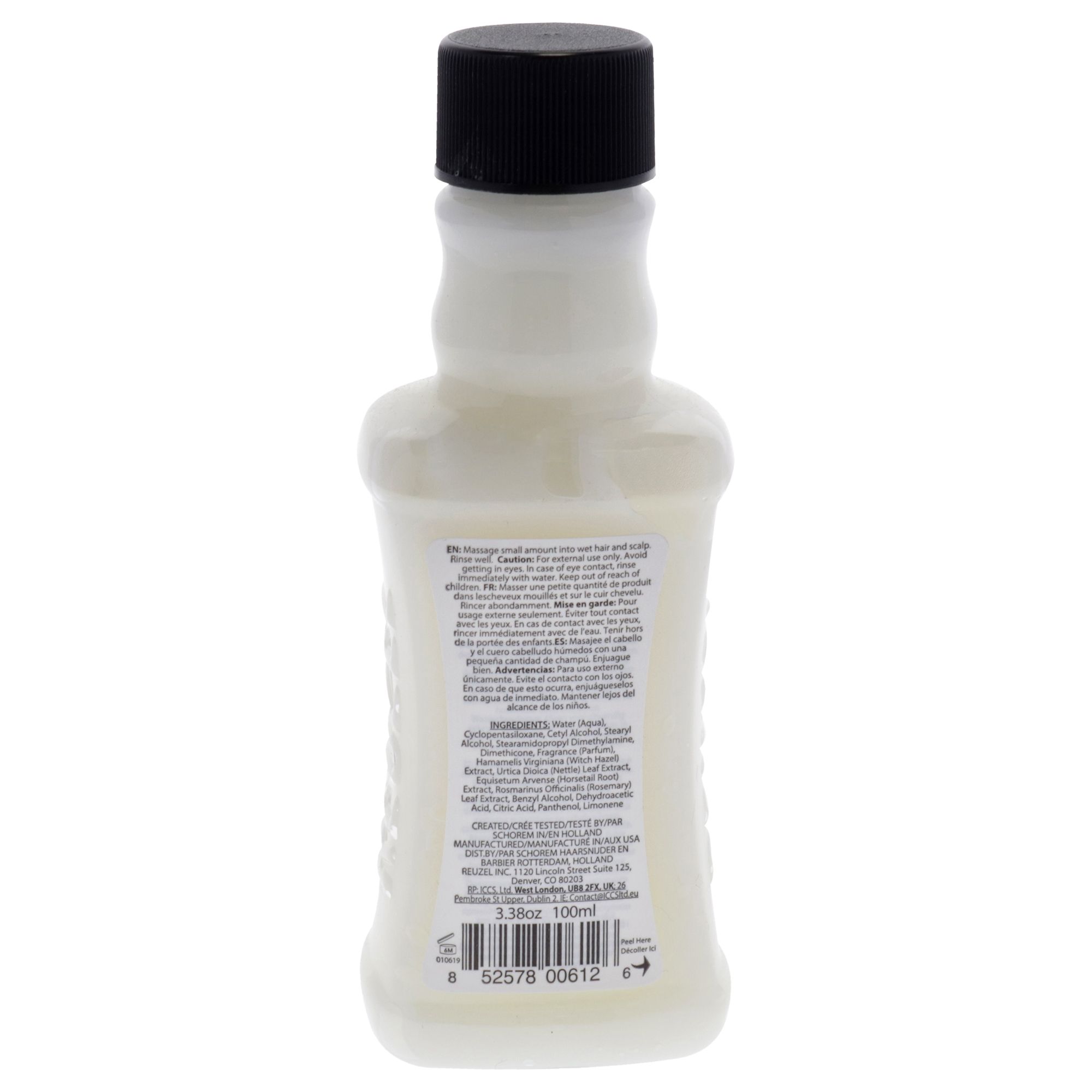 Flasche mit schwarzem Deckel. Text in mehreren Sprachen. Rückansicht.