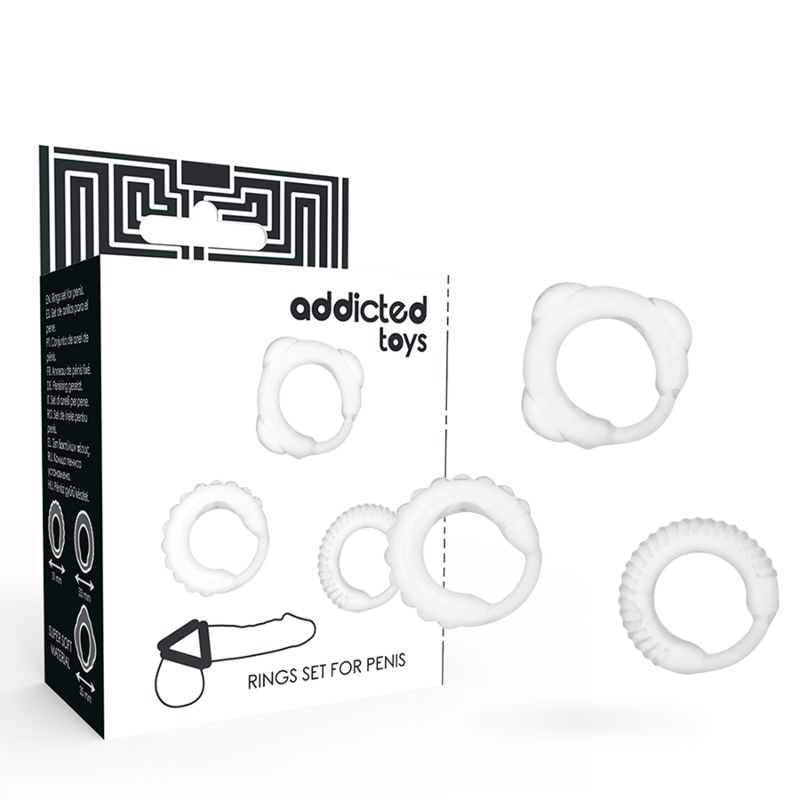Verpackung mit mehreren C-Ringen. Text: 'addicted toys', 'RINGS SET FOR PENIS'. Abbildung eines Penis mit Ring.