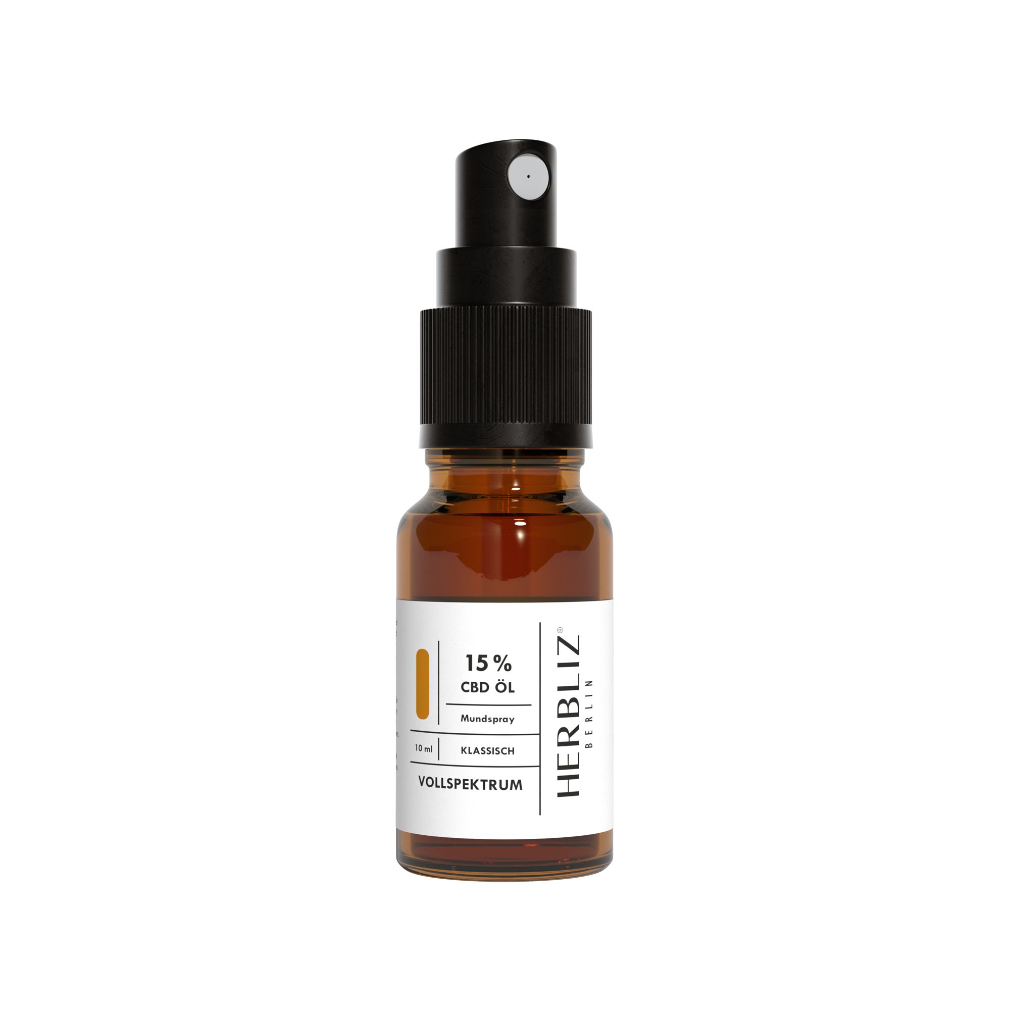 Braune Glasflasche mit Sprühkopf. Aufschrift: 15% CBD Öl, Klassisch, Vollspektrum. Marke: HERBLIZ BERLIN.