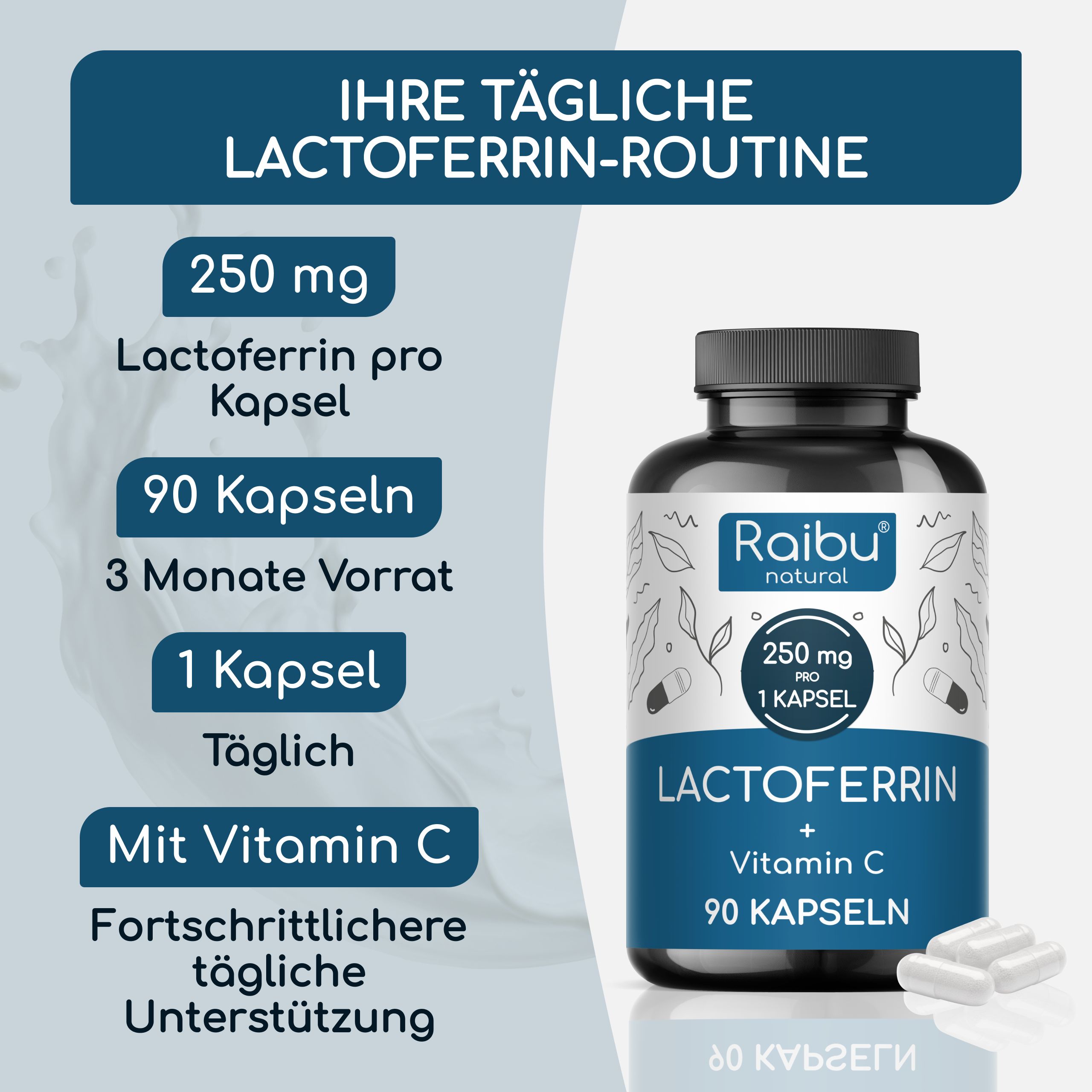 Flasche mit 90 Kapseln Lactoferrin + Vitamin C, 250 mg pro Kapsel.