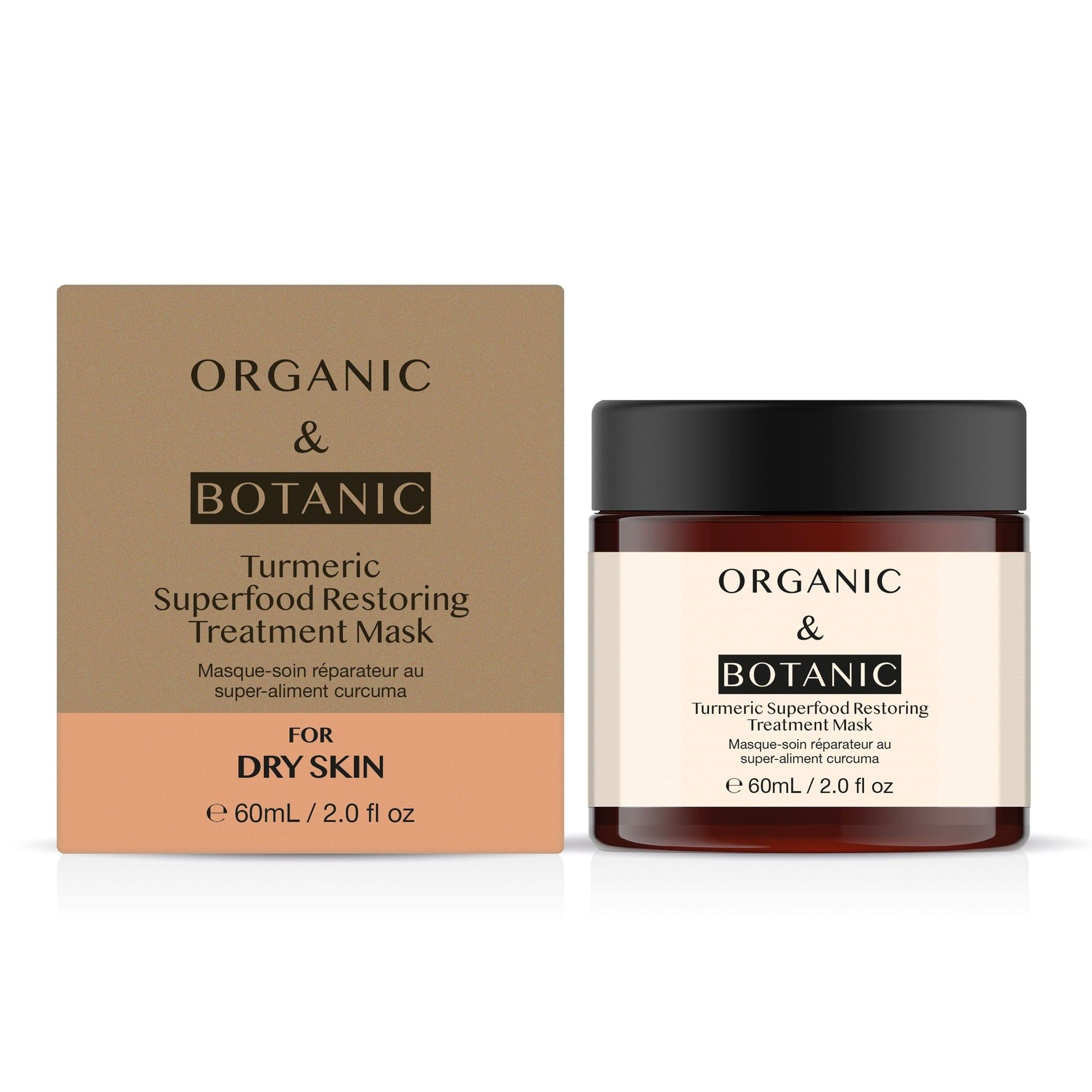 Produkt und Verpackung nebeneinander. Aufschrift: ORGANIC & BOTANIC, Turmeric Superfood Restoring Treatment Mask. Für trockene Haut. 60ml/2.0 fl oz.