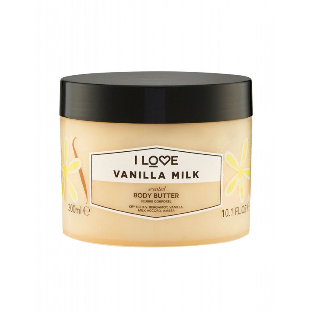 Behälter mit Körperbutter. Schwarzer Deckel, cremefarbener Inhalt. Aufschrift: I LOVE VANILLA MILK, Body Butter. Verzierungen mit Vanilleblüten.