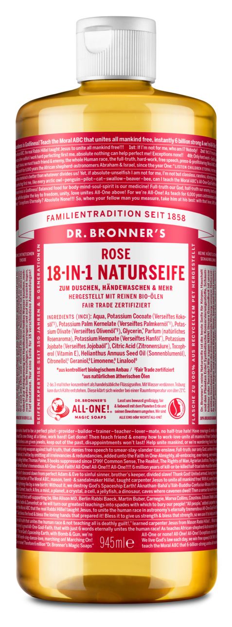 Flüssigseife in einer Flasche. Enthält Text: Dr. Bronner's, Rose, 18-in-1 Naturseife. 945ml.