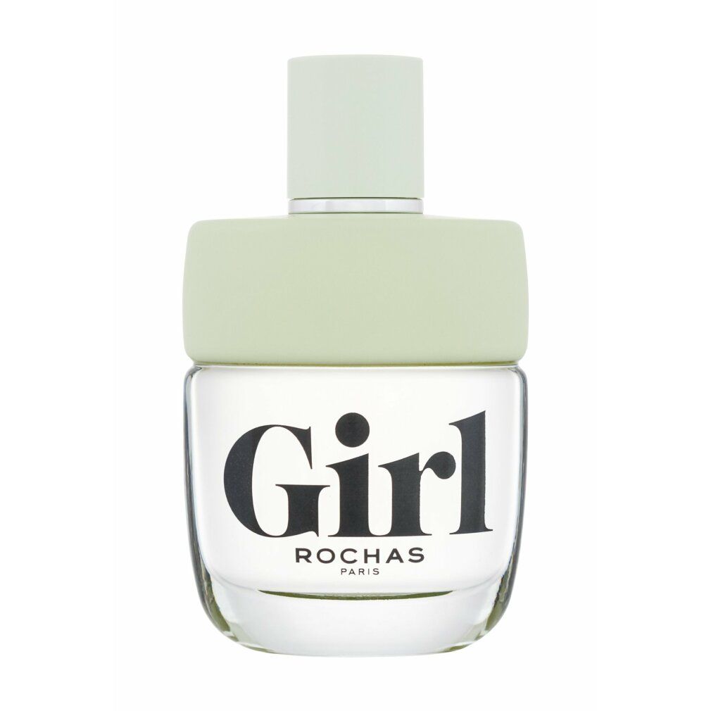 Girl Eau de Toilette Spray von Rochas. Transparenter Flakon mit hellgrünem Verschluss. Schwarzer Schriftzug Girl. Rochas Paris.