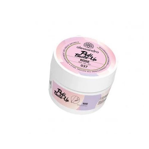 Weißes Tiegel mit rosa Deckel. Aufschrift: Alessandro Pedi Build-Up Rose 037. Produktname und Farbe auf dem Tiegel.
