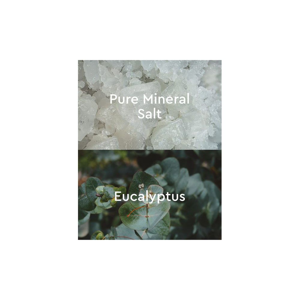 Zwei Bilder: Oben: Reines Mineralsalz. Unten: Eukalyptus-Blätter. Text: Pure Mineral Salt und Eucalyptus.