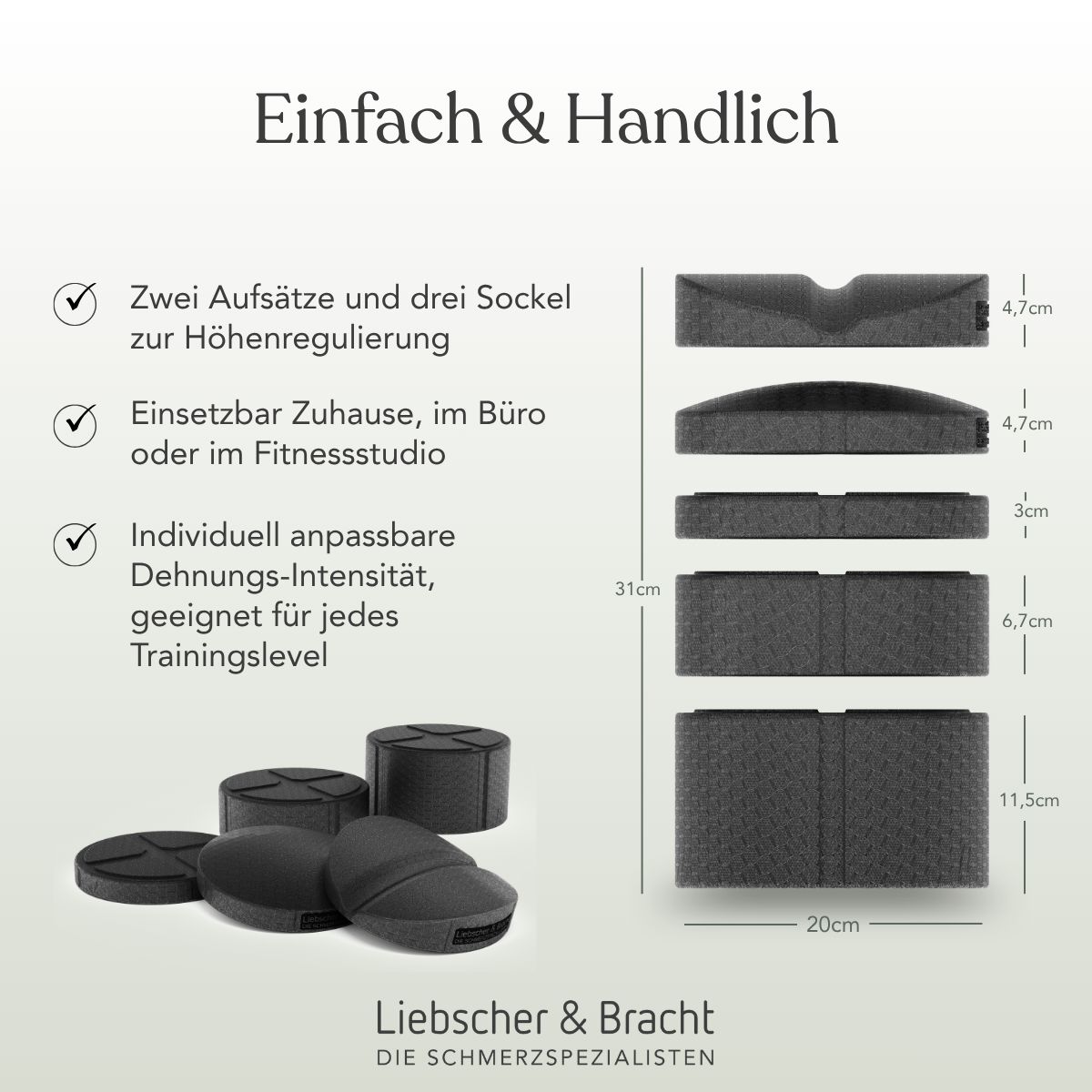 Zwei schwarze Rückenretter-Elemente und drei Sockel mit Höhenangaben.
