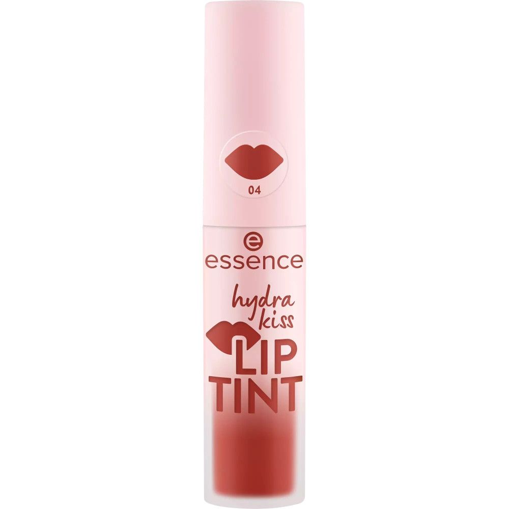 Essence Hydra Kiss Lip Tint, rosa Tube mit rotem Lippen-Symbol und Aufschrift. Farbnummer 04.