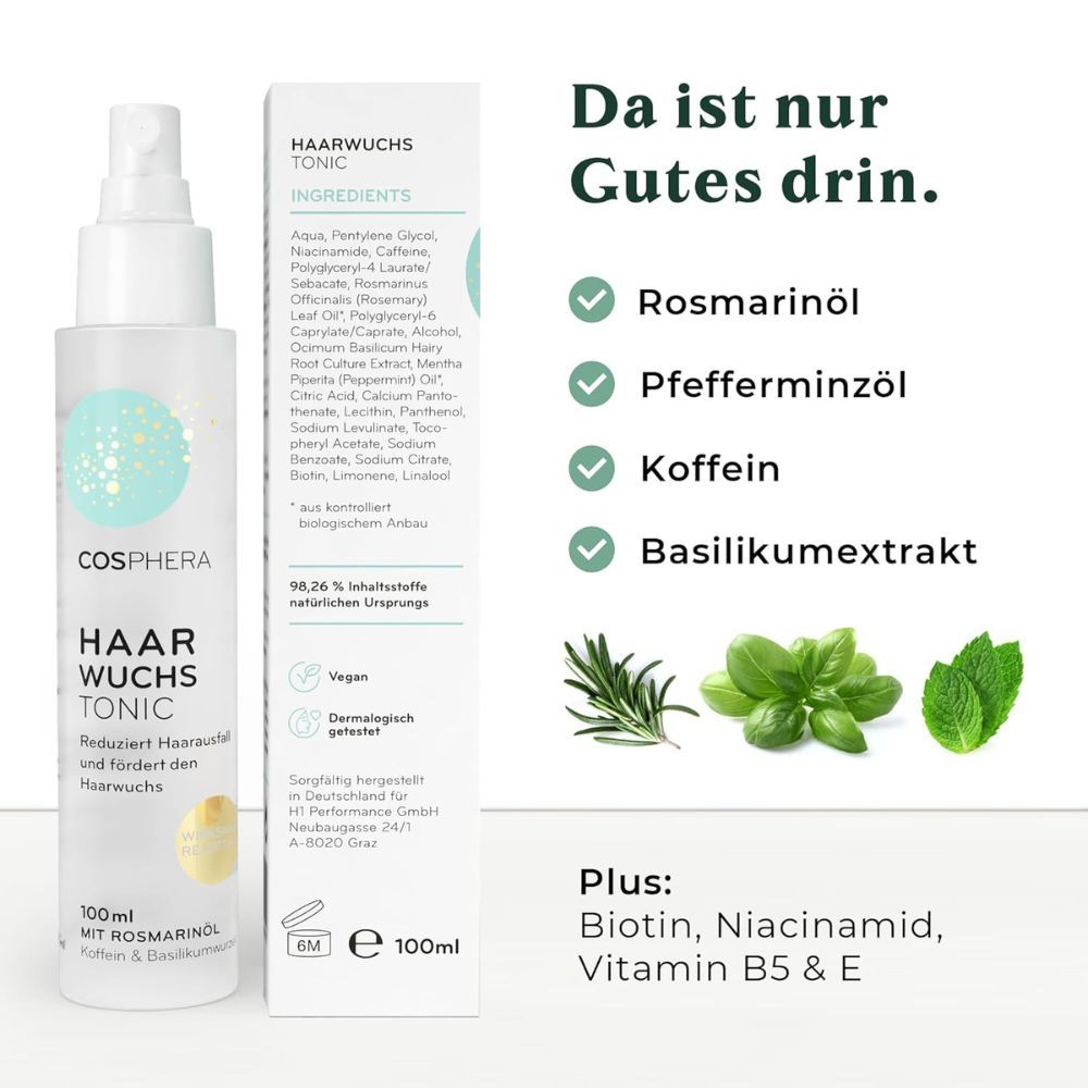 Haarwuchs Tonic mit Inhaltsstoffen-Liste. Text: Rosmarinöl, Pfefferminzöl, Koffein, Basilikumextrakt. 100ml Flasche.