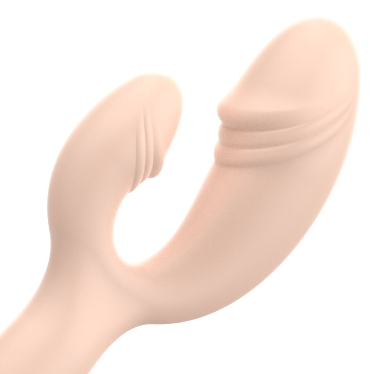 Beigefarbener Vibrator mit zwei Enden. Ein Ende hat eine geriffelte Oberfläche, das andere ist kleiner und glatt.