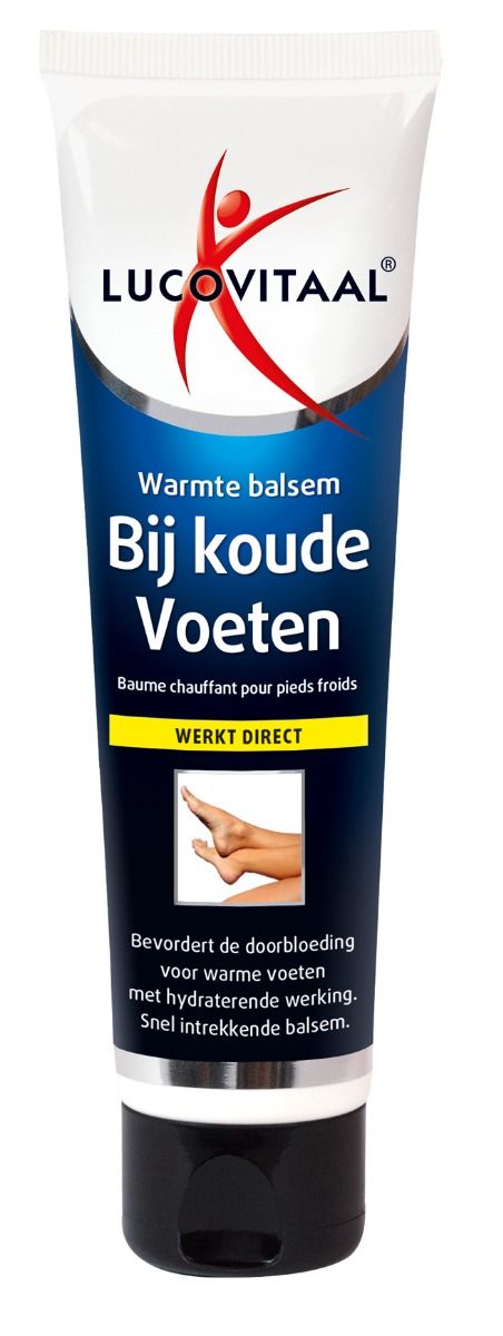 Tube de produit avec logo et nom. Texte: "Bij koude Voeten". Bande jaune: "WERKT DIRECT". Image de pieds.