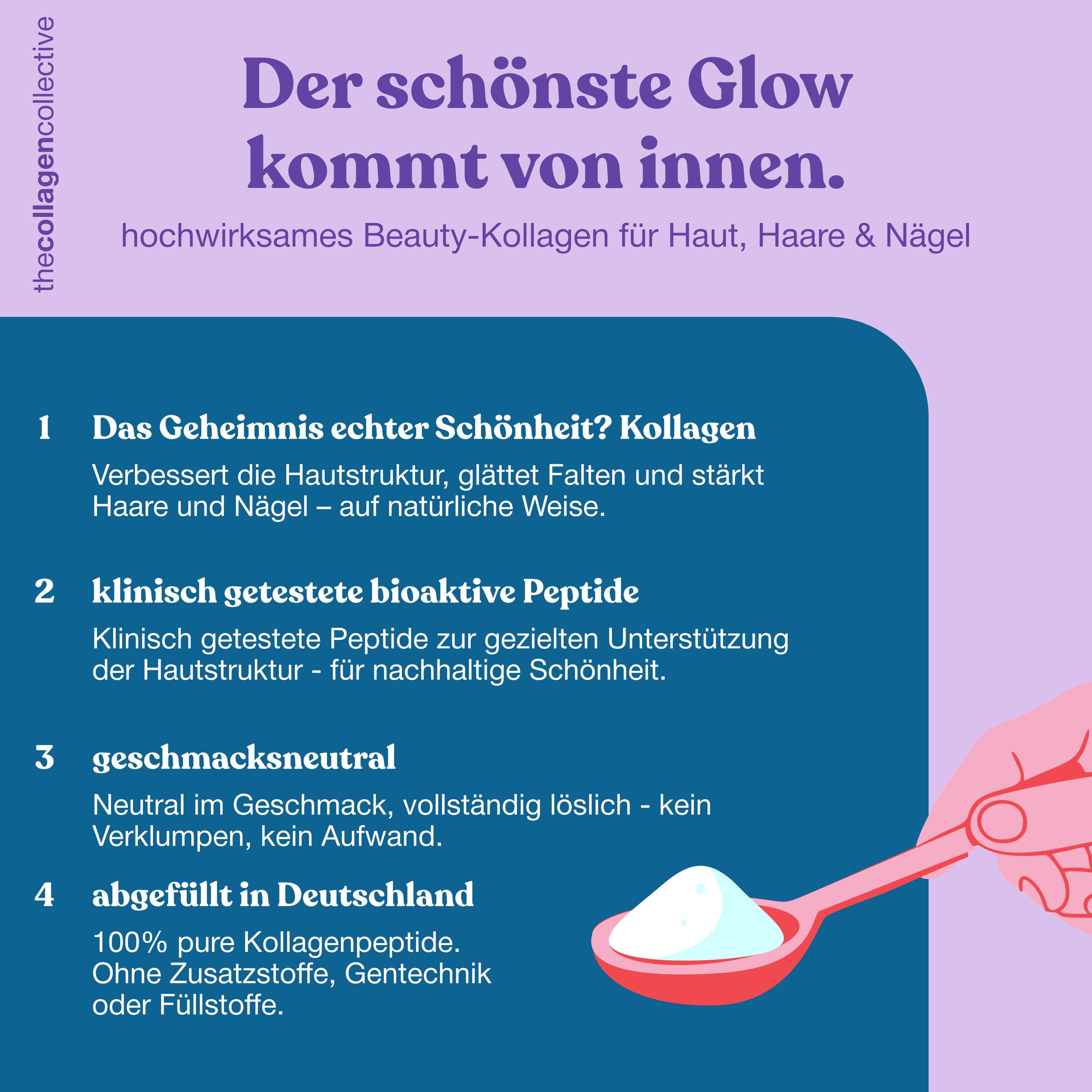 Infografik: Beauty-Kollagen für Haut, Haare & Nägel. Text und Illustration einer Hand mit Löffel.