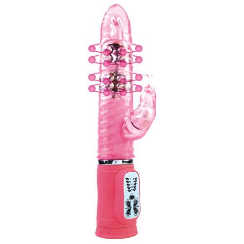 Rosa Vibrator mit Hasenohren-Design und Steuerung. Mit Noppen und metallischen Elementen.