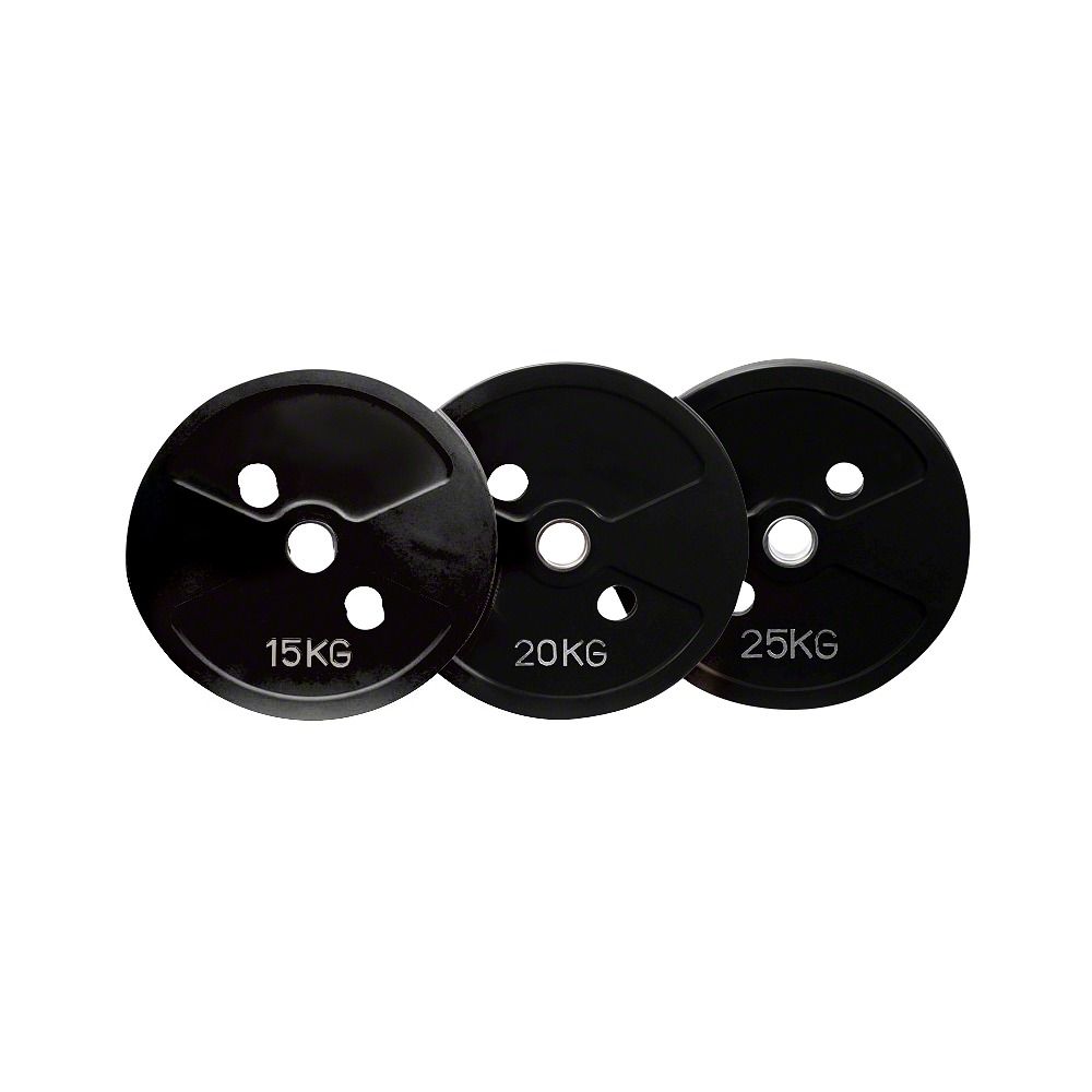 Drei schwarze Hantelscheiben. Auf jeder Scheibe steht die Gewichtsklasse: 15KG, 20KG, 25KG. Runde Form mit drei Löchern und einem zentralen Loch.