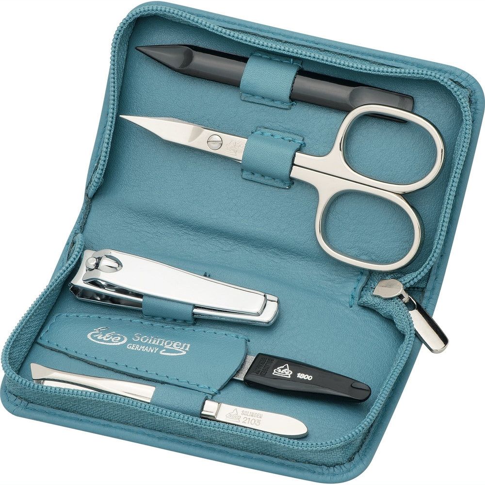 Erbe Solingen Manicure-Set: Blaue Lederhülle mit 5 Teilen: Nagelschere, Nagelknipser, Pinzette, Nagelhautschieber, Nagelfeile.