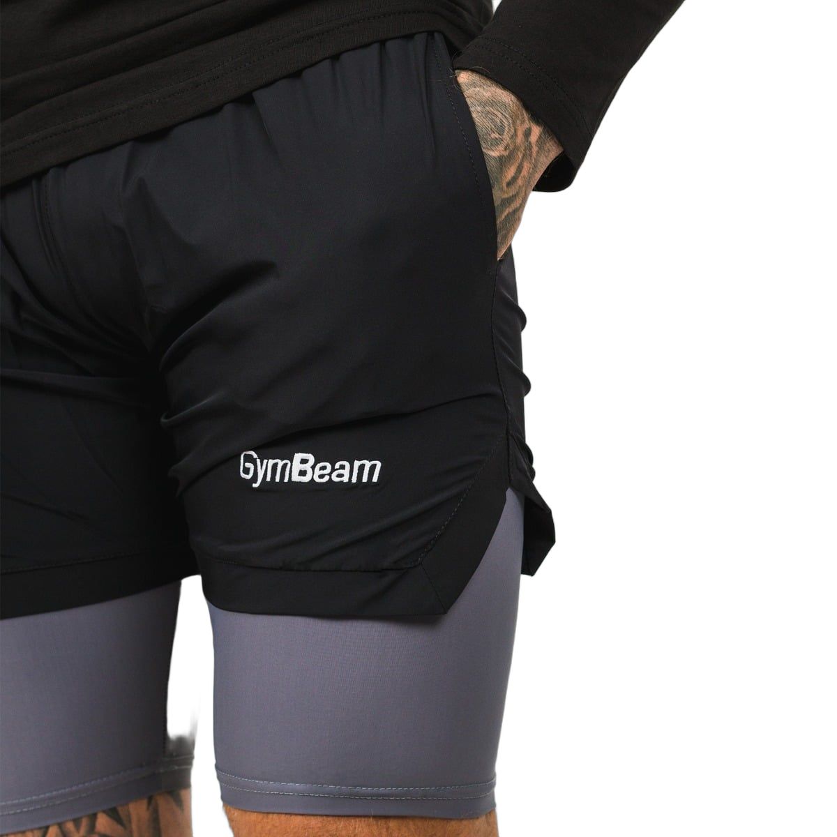 GymBeam Shorts Herren 2in1 Slim mit Gummizug und Taschen Black Grey