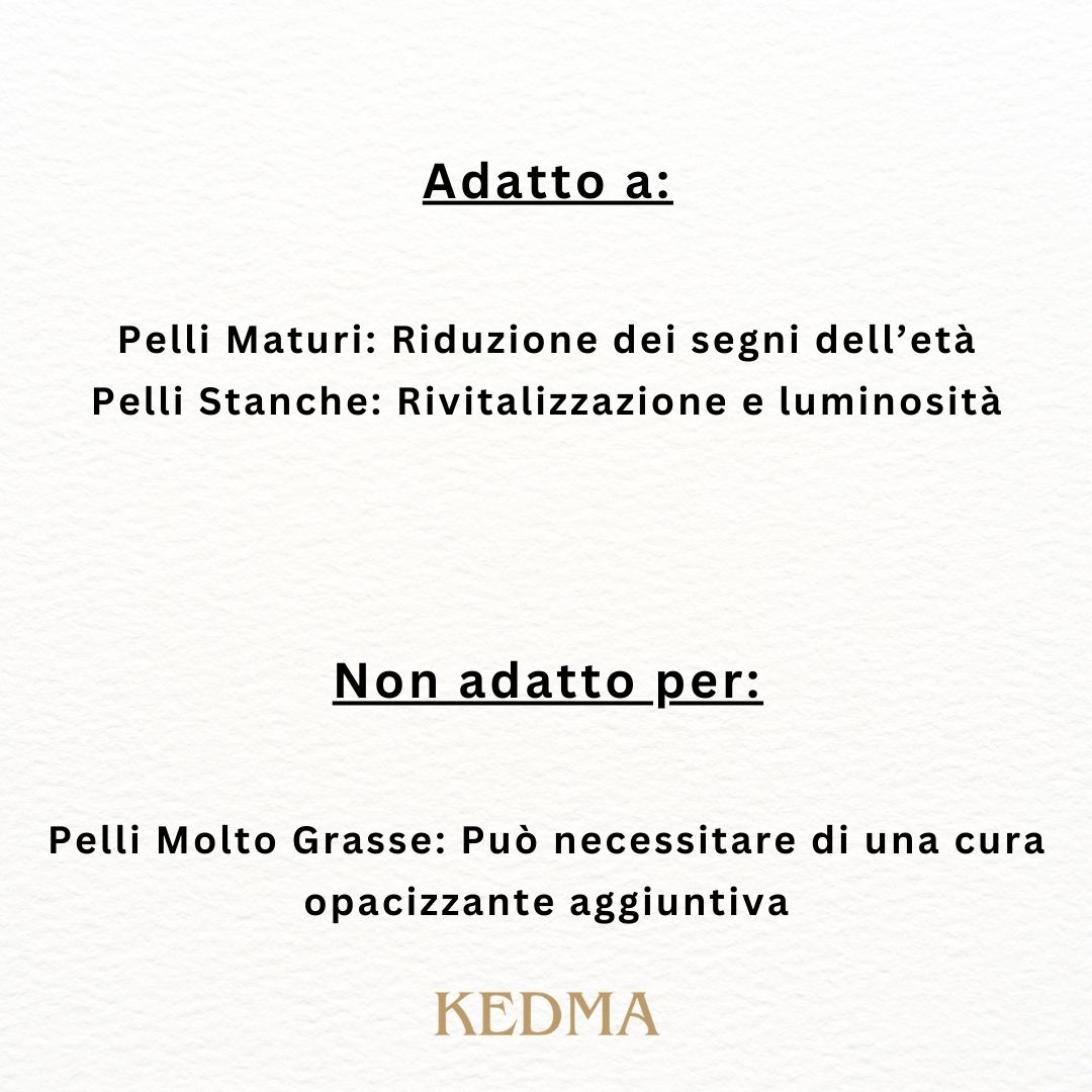 Testo su sfondo crema: Adatto a: pelli mature, pelli stanche. Non adatto a: pelli molto grasse.
