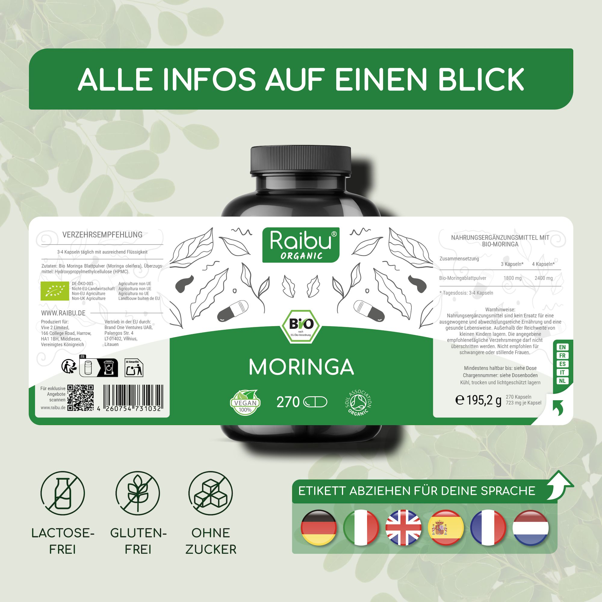 RAIBU - Bio Moringa Kapseln hochdosiert 2400 mg - vegane, laborgeprüft, glutenfrei & laktosefrei