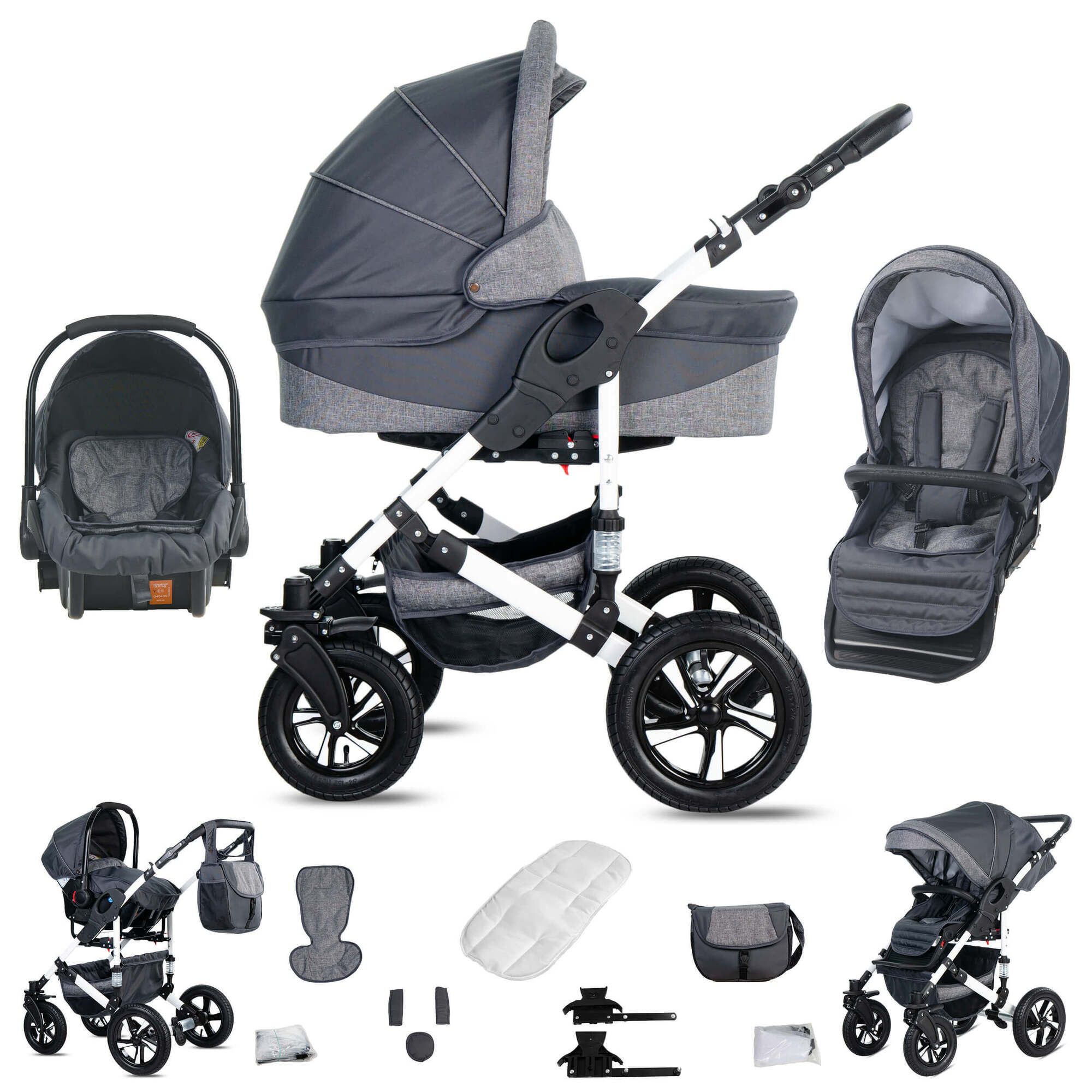 Friedrich Hugo Hamburg 3 in 1 Kinderwagen Set Luftreifen, Grey & Grey Linen