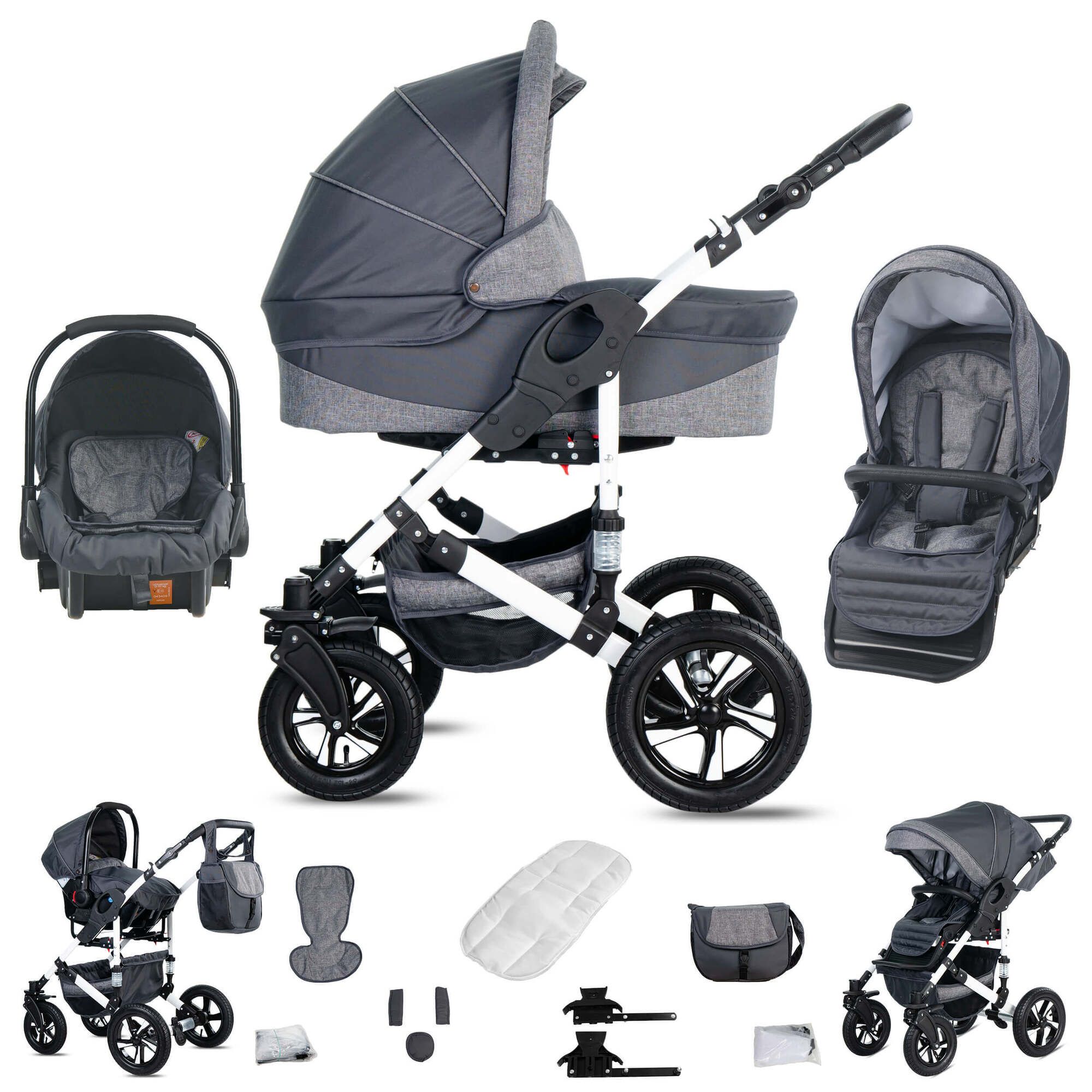 Friedrich Hugo Hamburg 3 in 1 Kinderwagen Komplettset Luftreifen, Grey & Grey Linen