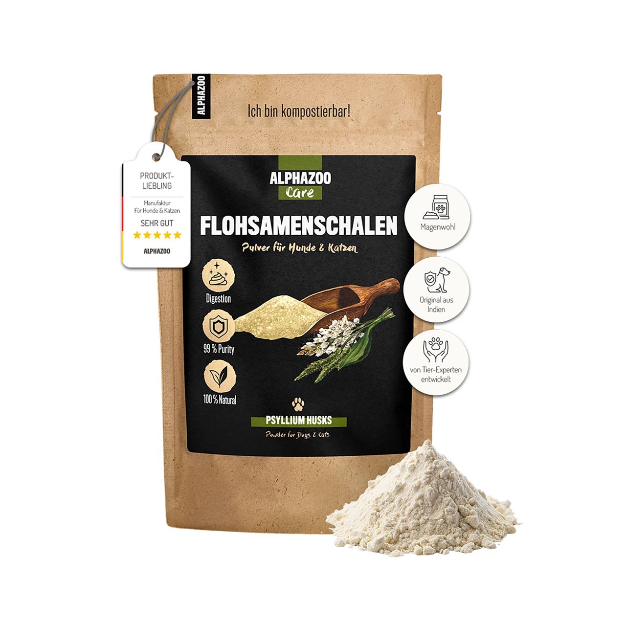 Beutel mit ALPHAZOO Flohsamenschalen gemahlen. Produkt-Liebling-Auszeichnung. Text: Ich bin kompostierbar! Pulver und Illustrationen.