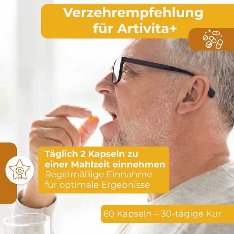 Mann nimmt Kapsel ein. Text: "Täglich 2 Kapseln zu einer Mahlzeit". Flasche ArtiVita+ mit Aufschrift "Gelenke & Knochen".