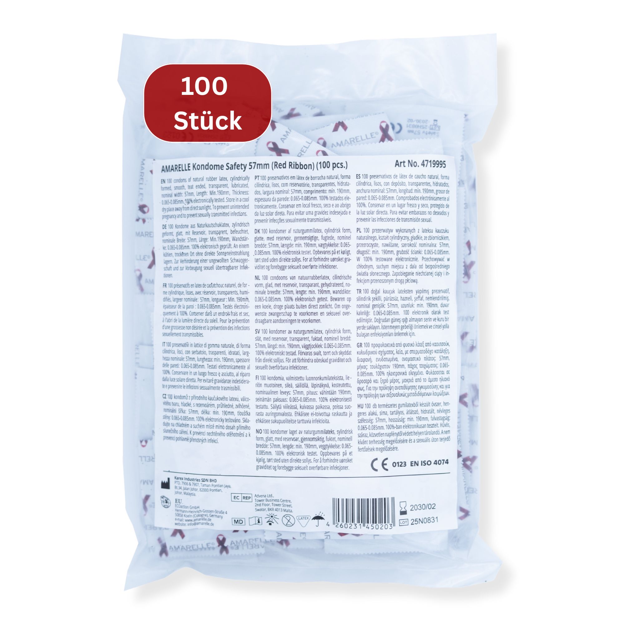 Rückseite der Kondomverpackung. Text in mehreren Sprachen. Oben links: 100 Stück. Produktname und Artikelnummer.