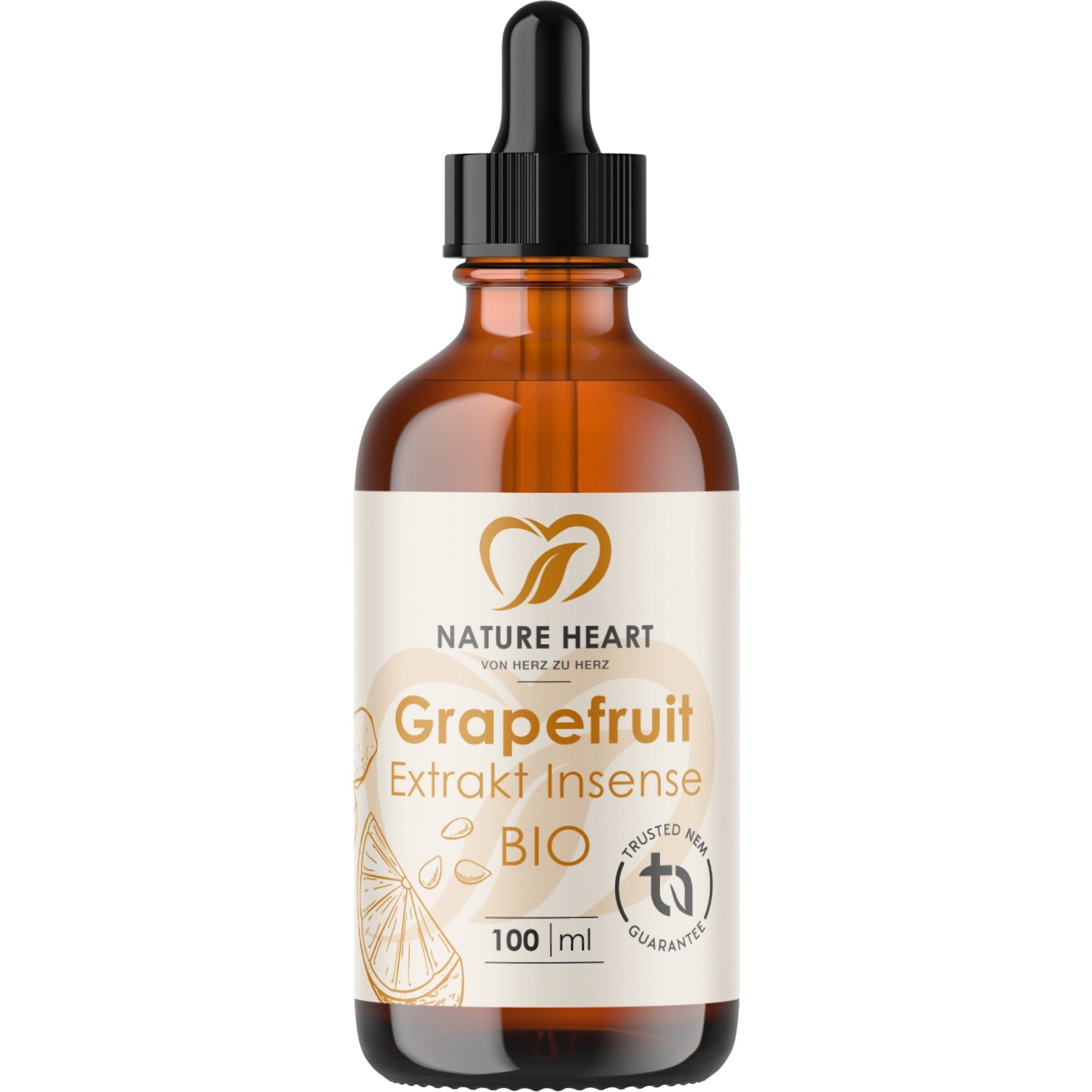 Braunglasflasche mit Pipette, Etikett zeigt 'Nature Heart Grapefruit Extrakt Insense BIO', 100 ml.