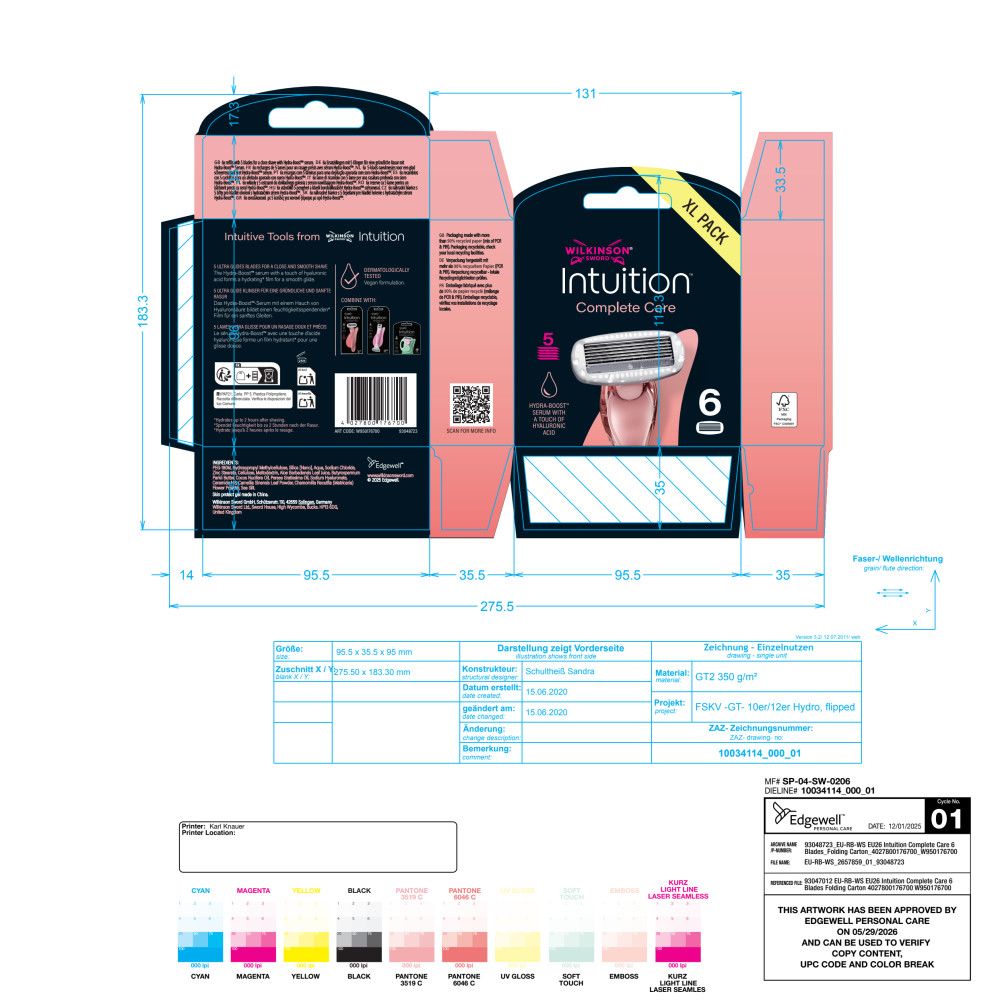Technische Zeichnung Verpackung Wilkinson Sword Intuition Complete Care XL Pack.