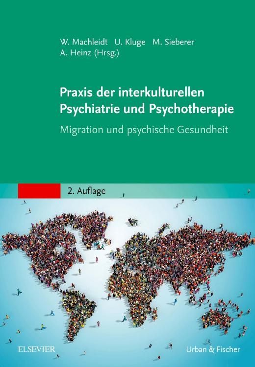 Buchcover: "Praxis der interkulturellen Psychiatrie und Psychotherapie". Titel, Autoren, 2. Auflage. Weltkarte aus Menschen.
