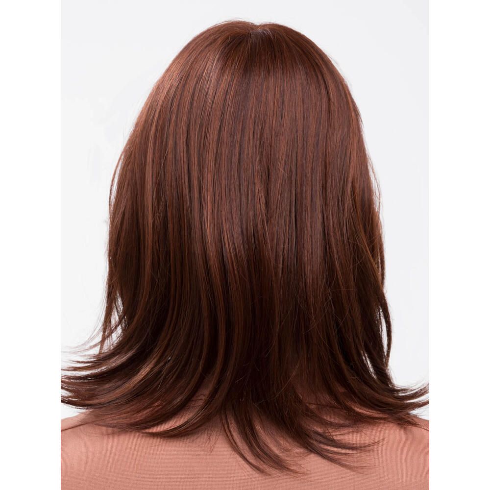 Rückansicht eines braunen Haarteils. Das Haar ist schulterlang und glatt.