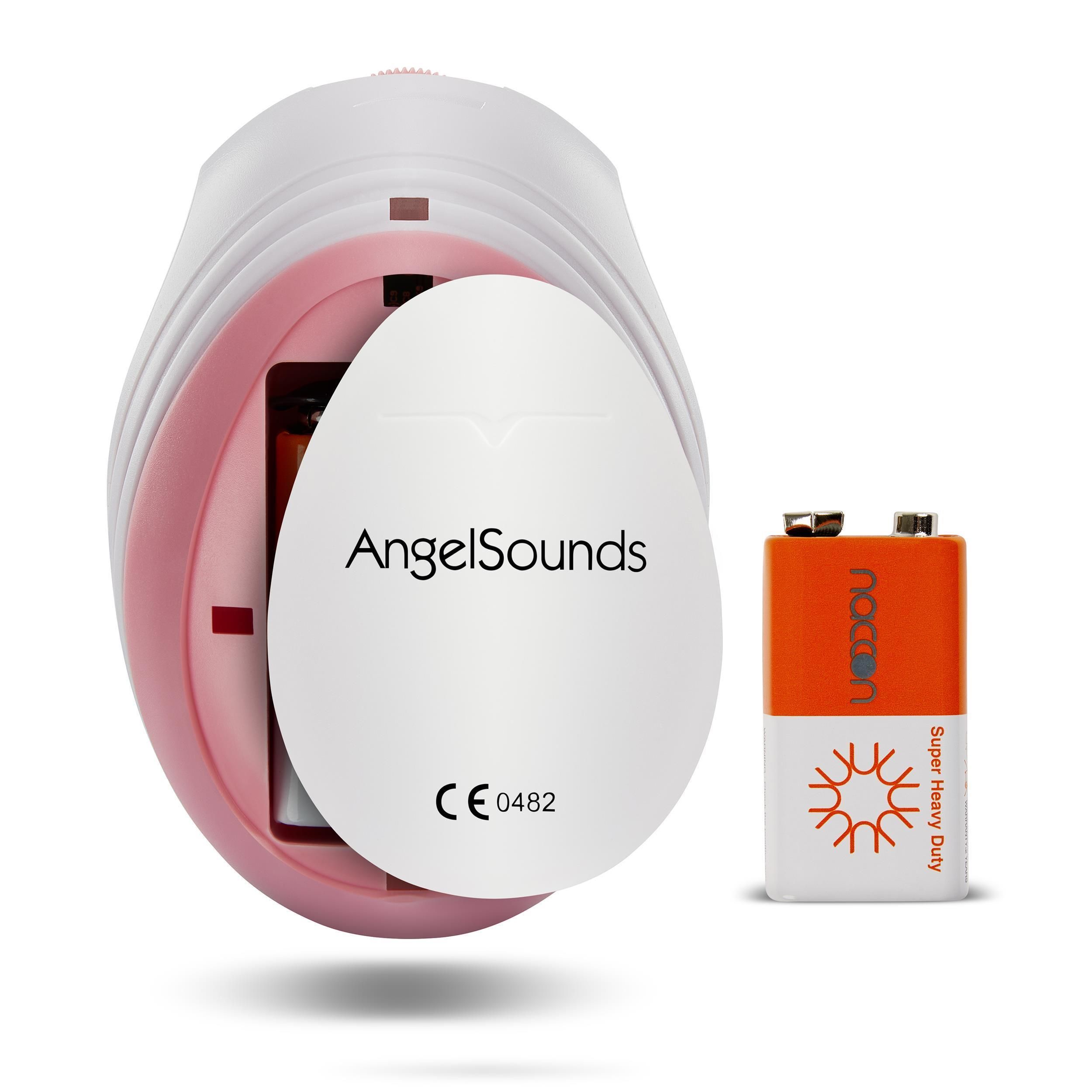 Gerät mit geöffnetem Batteriefach und Batterie. AngelSounds-Logo und CE-Kennzeichnung.