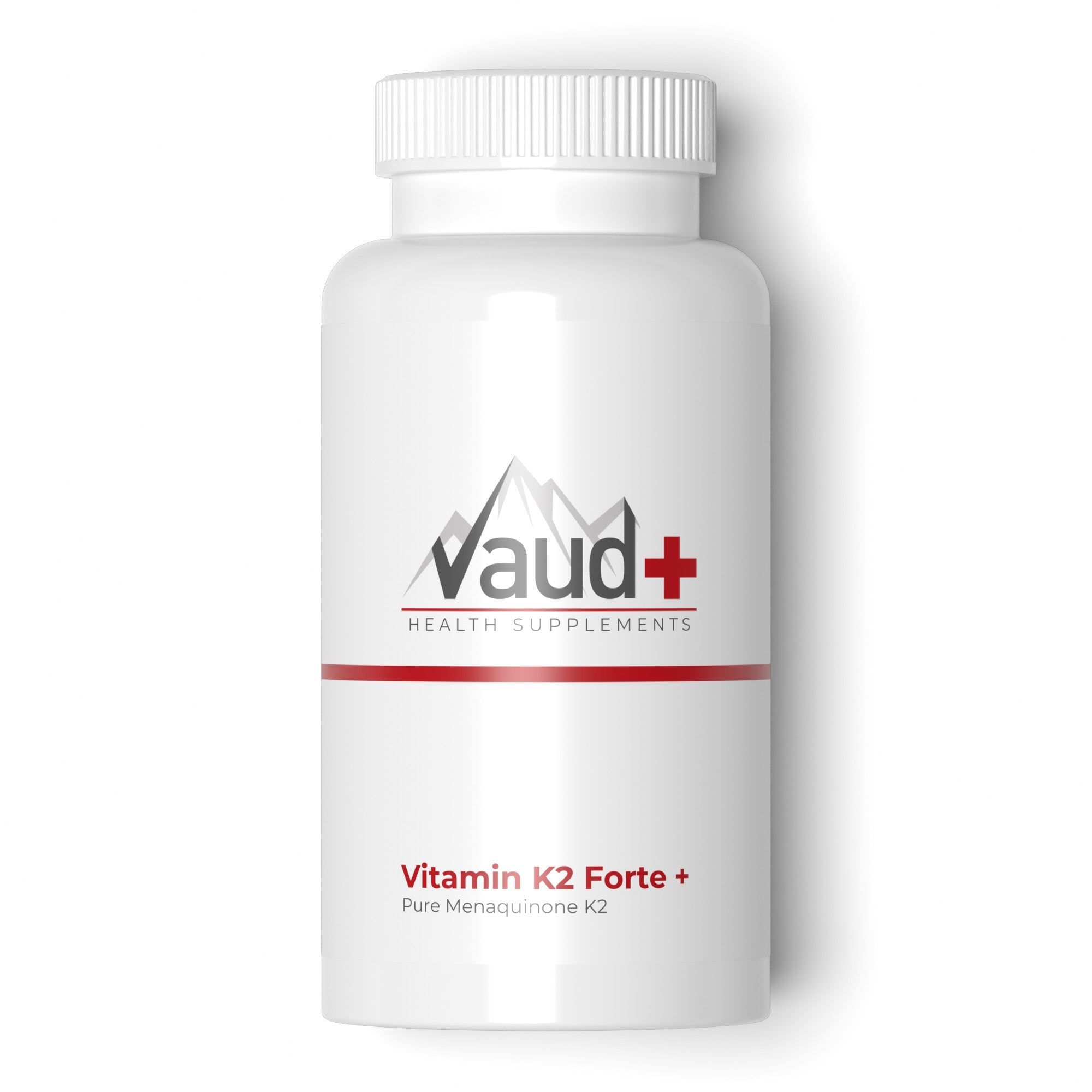 Weiße Flasche mit Schraubverschluss. Aufschrift: Vaud+ HEALTH SUPPLEMENTS, Vitamin K2 Forte + Pure Menaquinone K2.